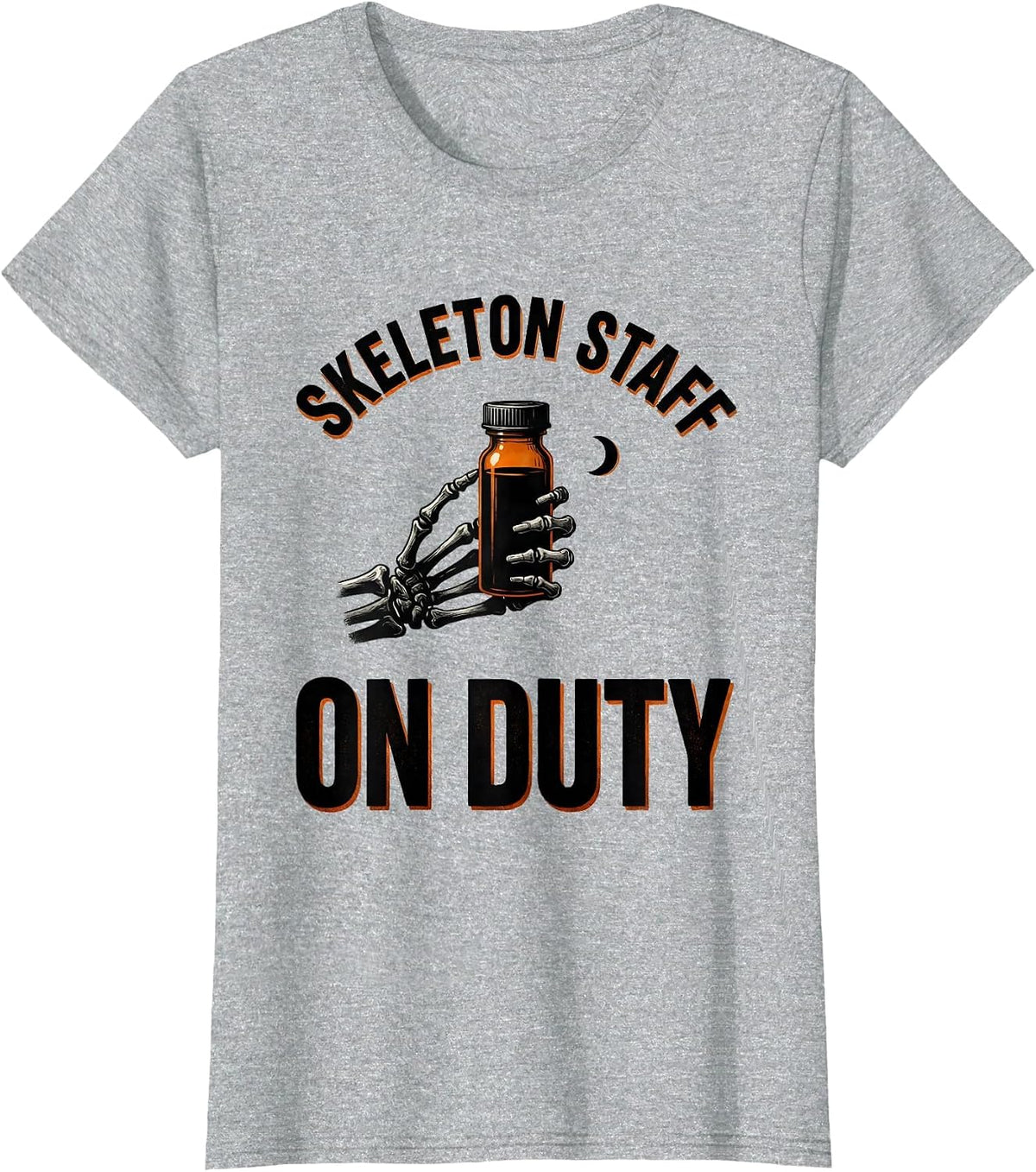 Skeleton Staff On Duty Funny Pharmacy Tech Halloween T-Shirt - Heather Grey