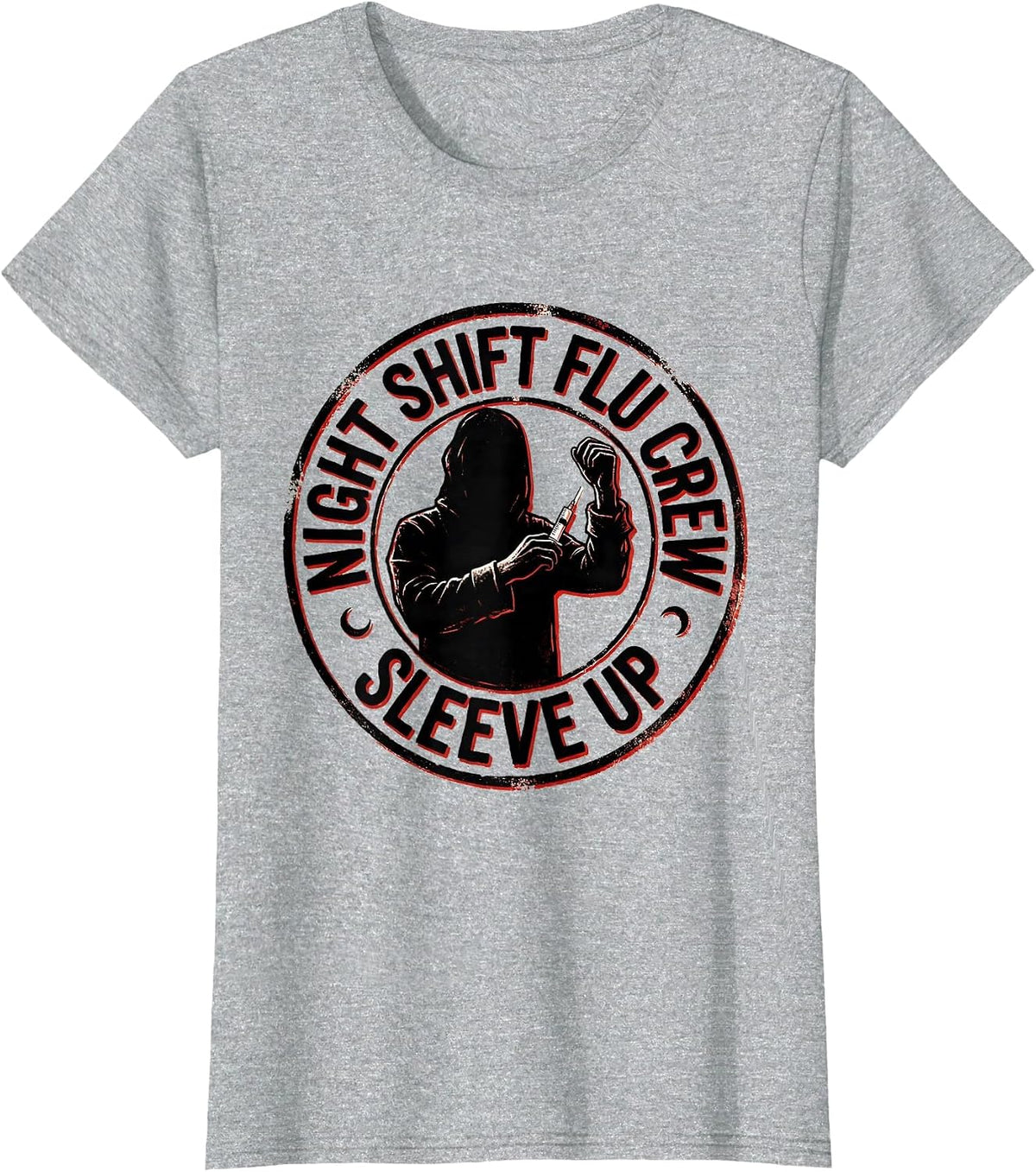 Women's Night Shift Flu Crew Sleeve Up Funny Nurse Ghost Halloween T-Shirt - Heather Grey