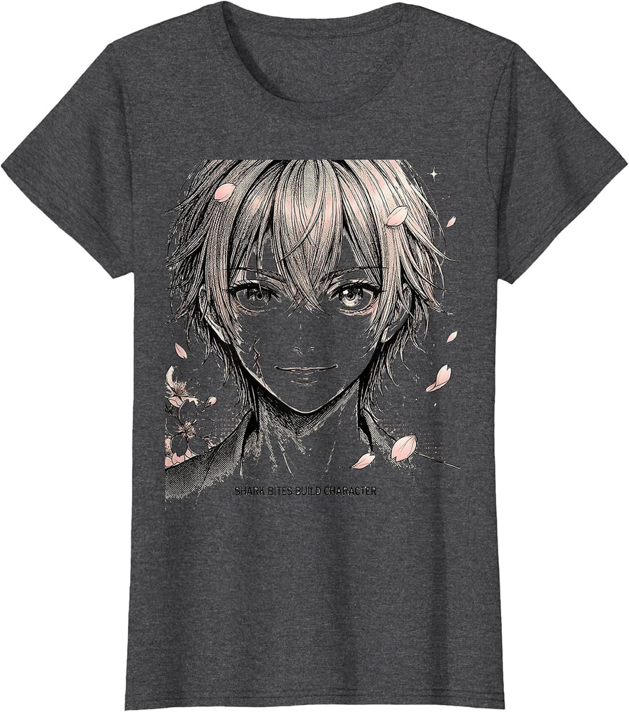 Women's Shark Bites Build Character Funny Ocean Design T-Shirt - Dark Heather Grey