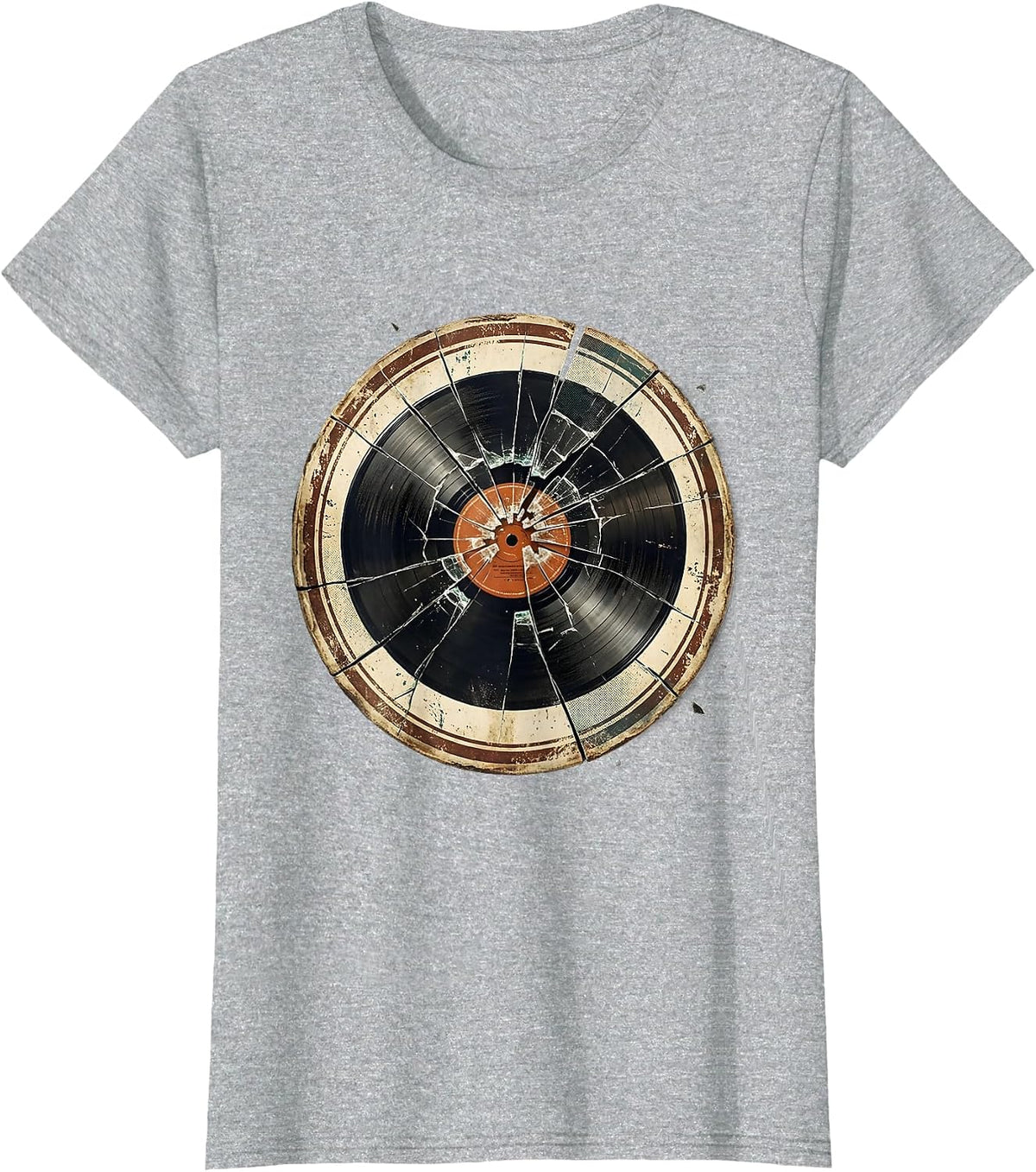 Broken Record Grunge Shattered Vinyl Art T-Shirt - Heather Grey