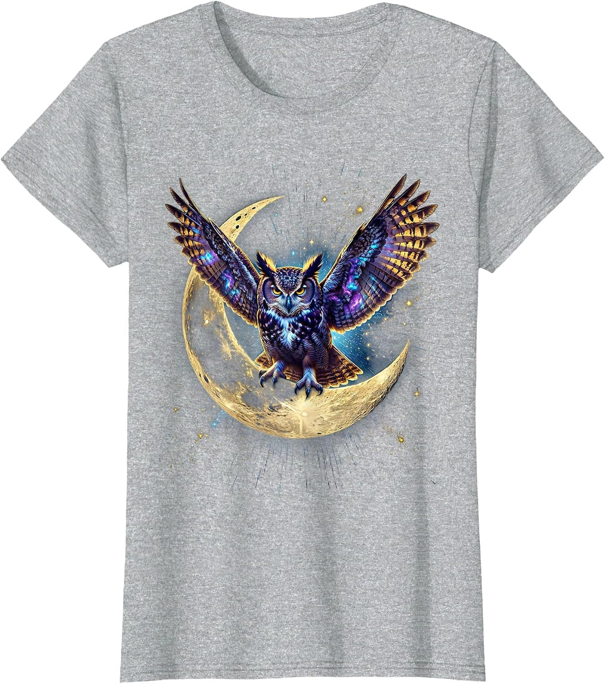 Owl on Crescent Moon Night Sky Illustration T-Shirt - Heather Grey