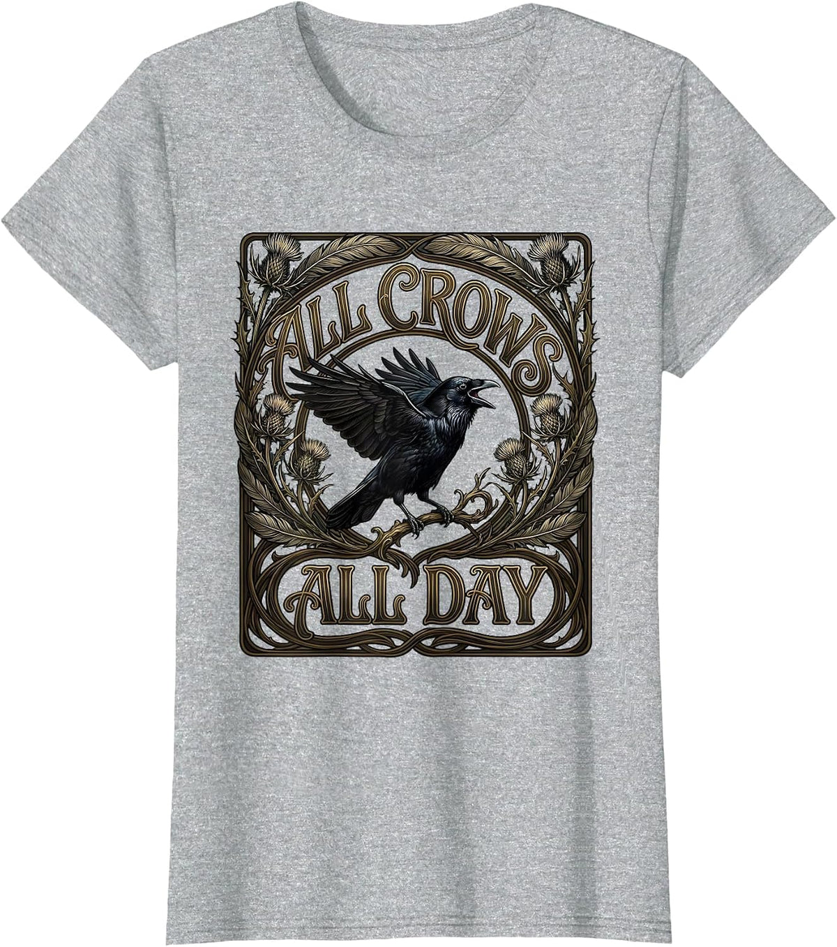 Women's All Crows All Day Bold Bird Lover Design T-Shirt - Heather Grey