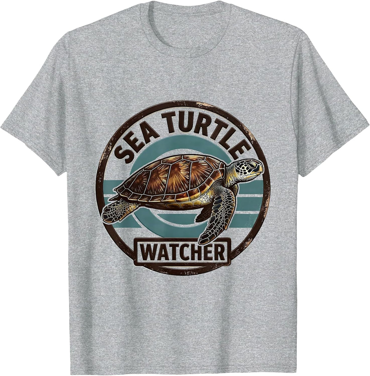 Men's Sea Turtle Watcher Wood Type Letterpress Animal Badge Patch T-Shirt - Heather Grey