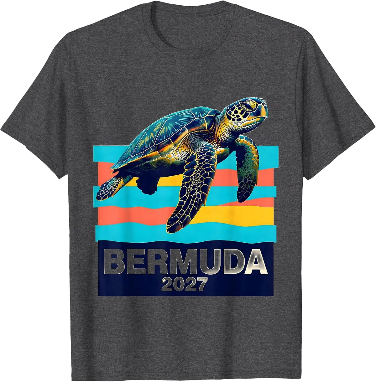 Men's Bermuda 2027 Screenprint Sea Turtle Tropical Vacation T-Shirt - Dark Heather Grey