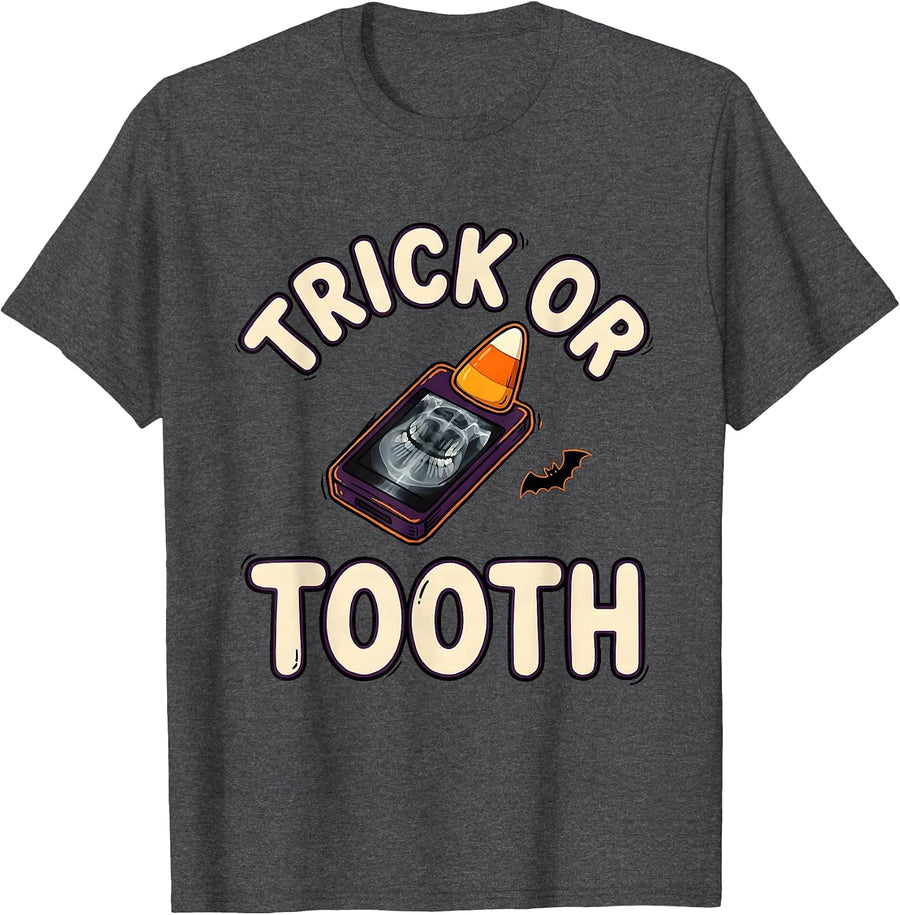 Men's Trick Or Tooth Dental Hygienist Halloween Pun Humor T-Shirt - Dark Heather Grey
