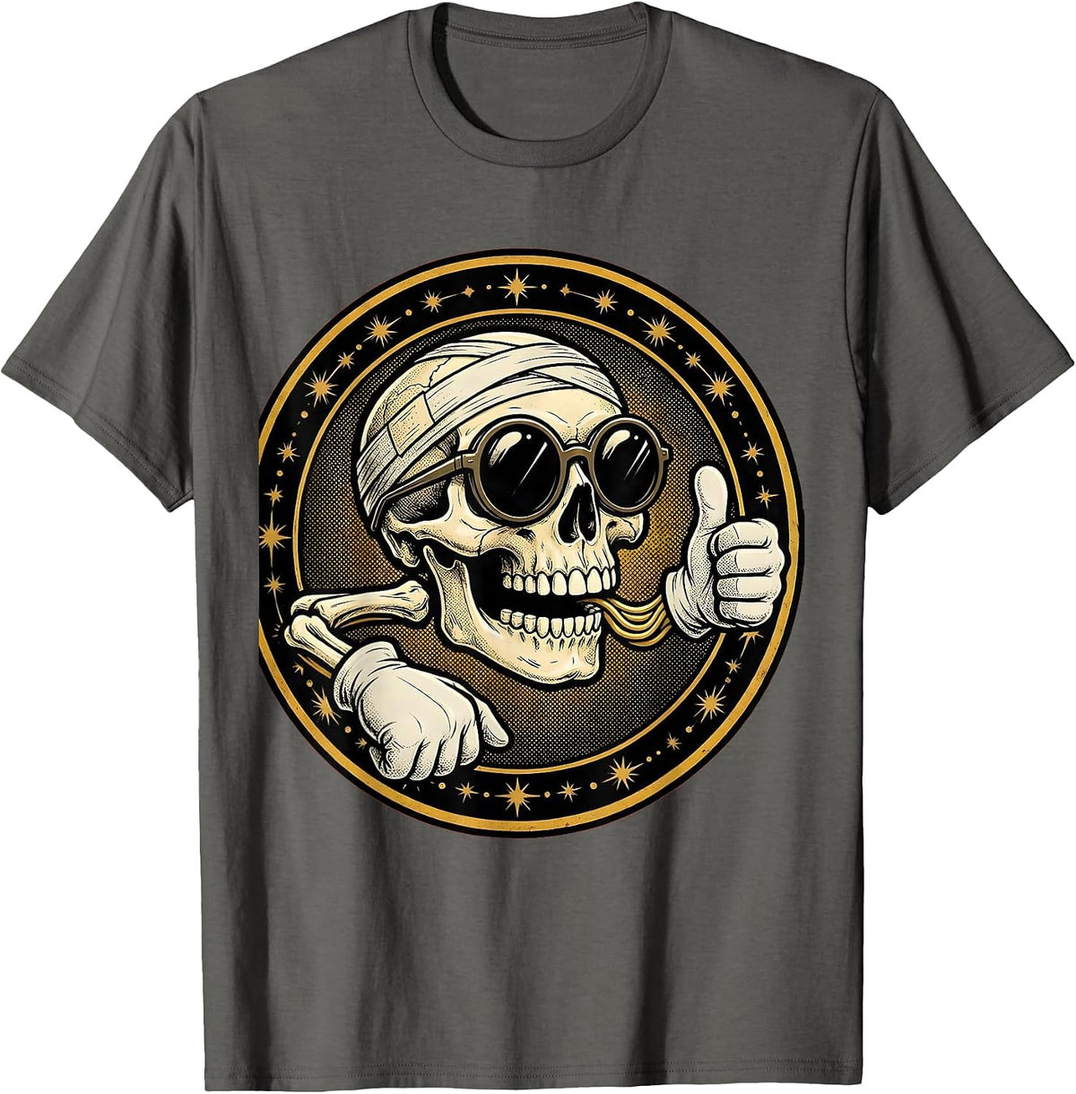 Cool Skull Bandaged Sunglasses Grinning Graphic T-Shirt - Asphalt Grey