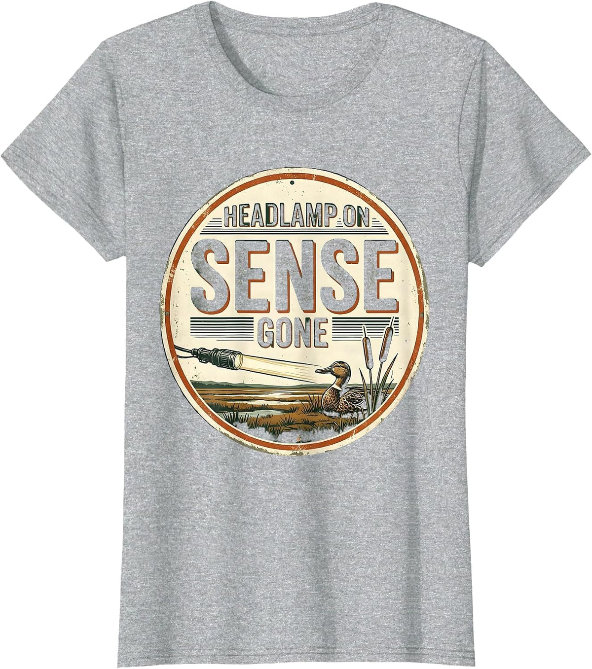 Women's Headlamp On Sense Gone Vintage Duck Hunting Humor Gift T-Shirt - Heather Grey