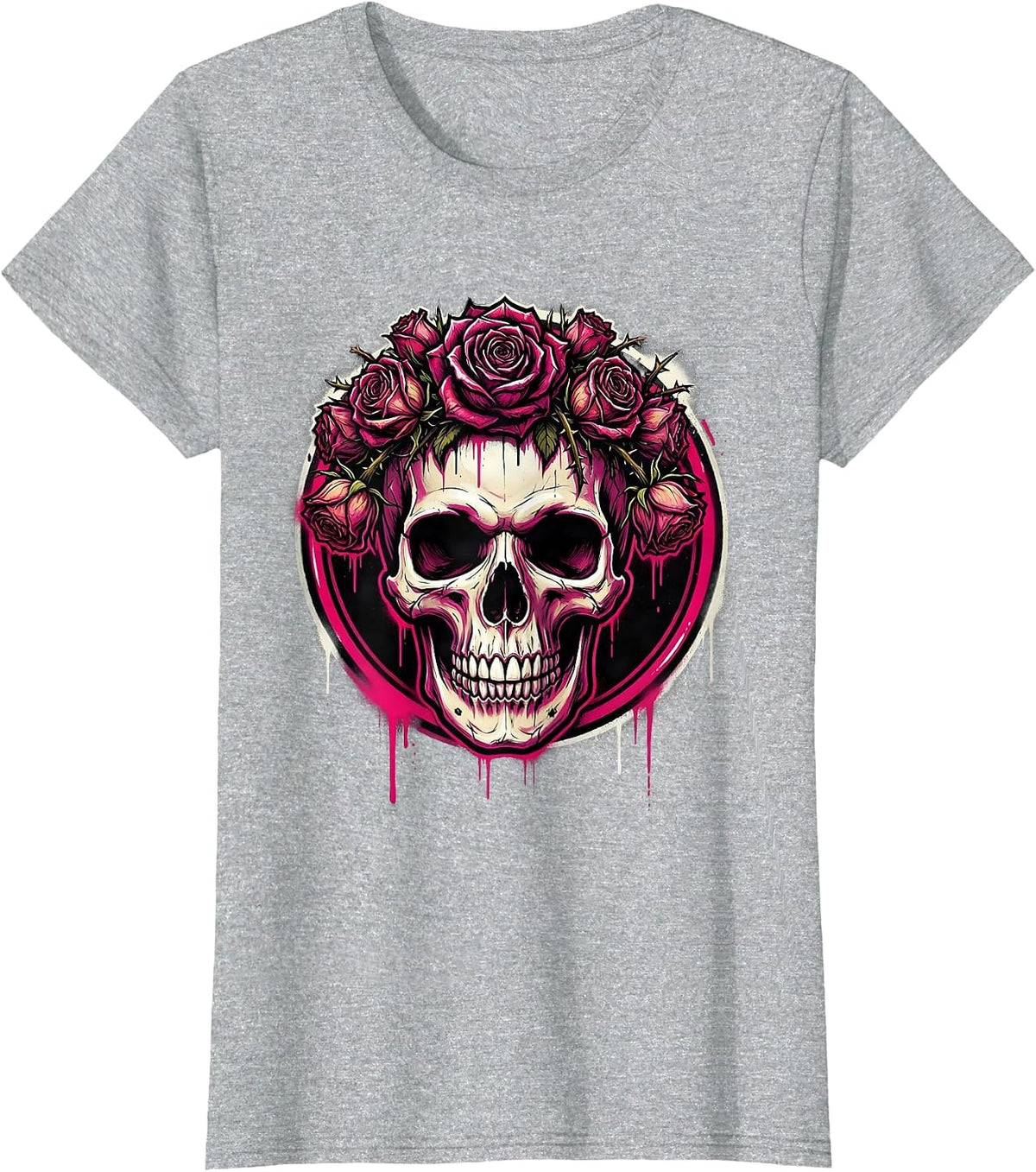 Punk Skull Wilting Roses Gothic Crown Art T-Shirt - Heather Grey