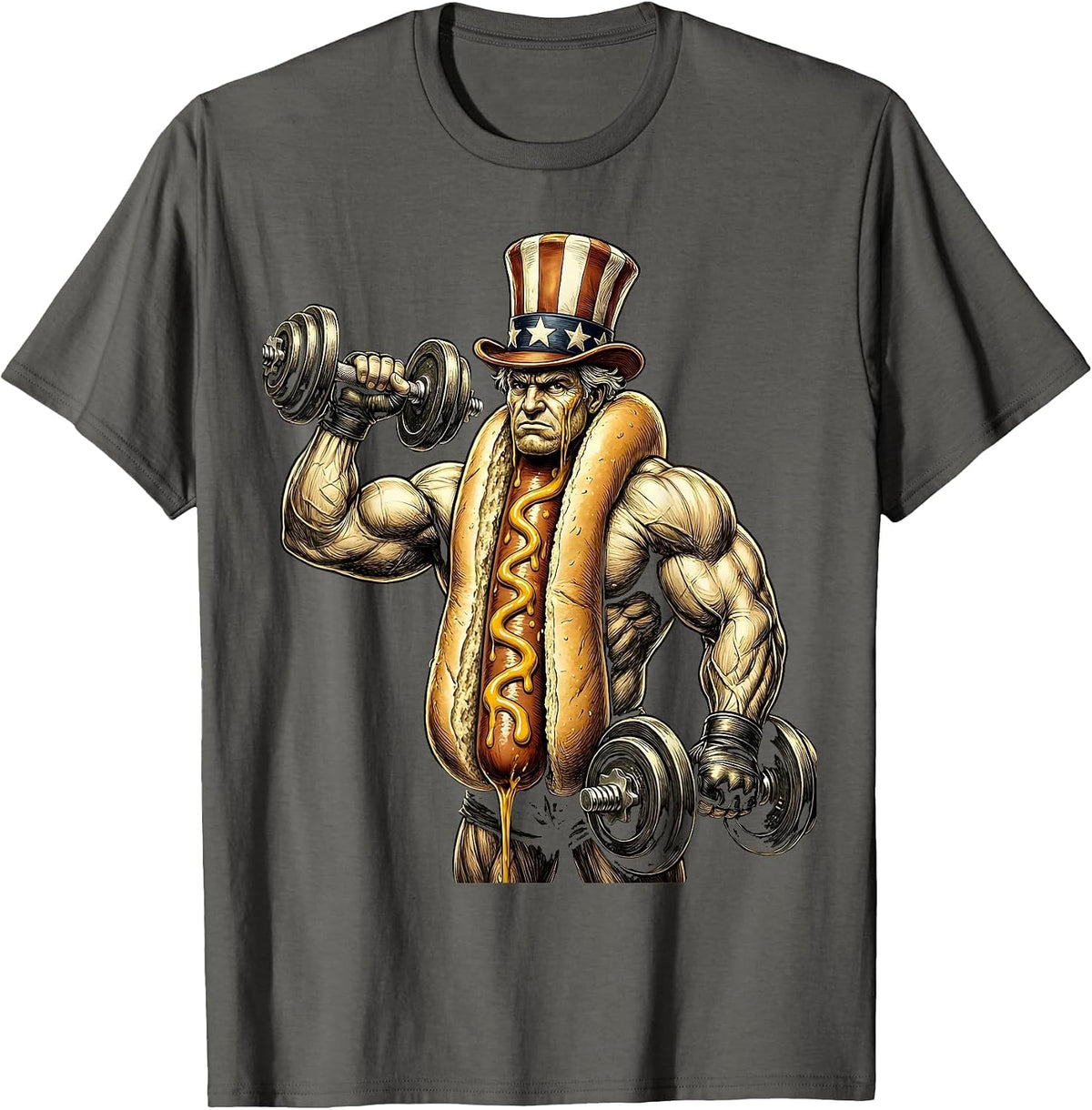 Men's Funny Hot Dog Bicep Curl Gym Workout Illustration T-Shirt - Asphalt Grey