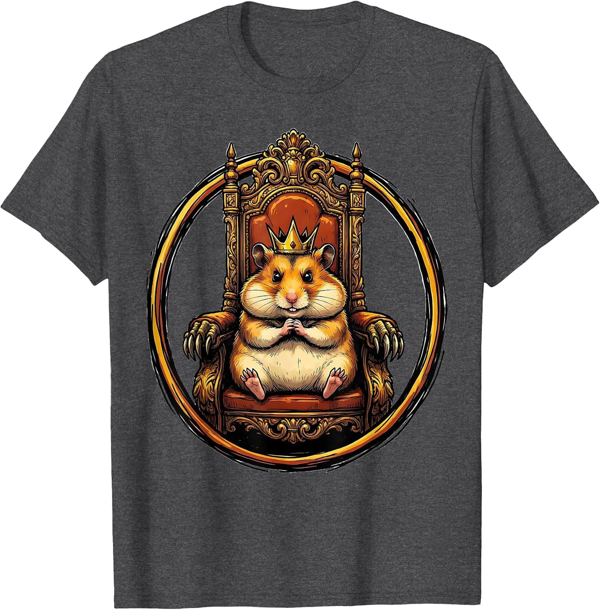 Evil Genius Hamster on an Oversized Throne T-Shirt - Dark Heather Grey
