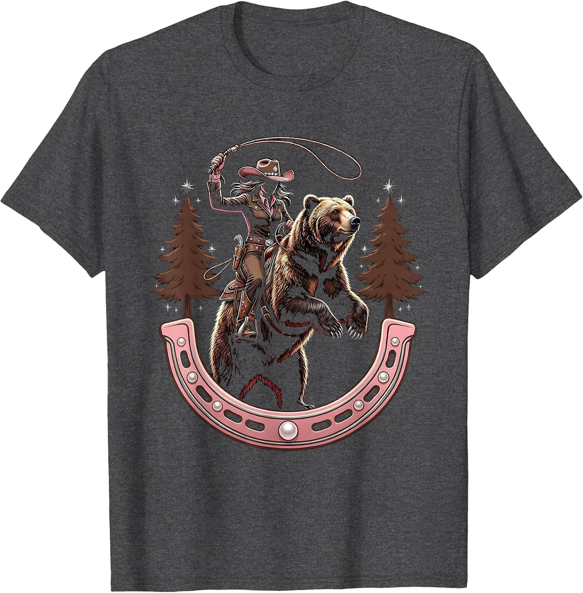 Cowgirl Riding Bear Through Pine Forest T-Shirt - Dark Heather Grey