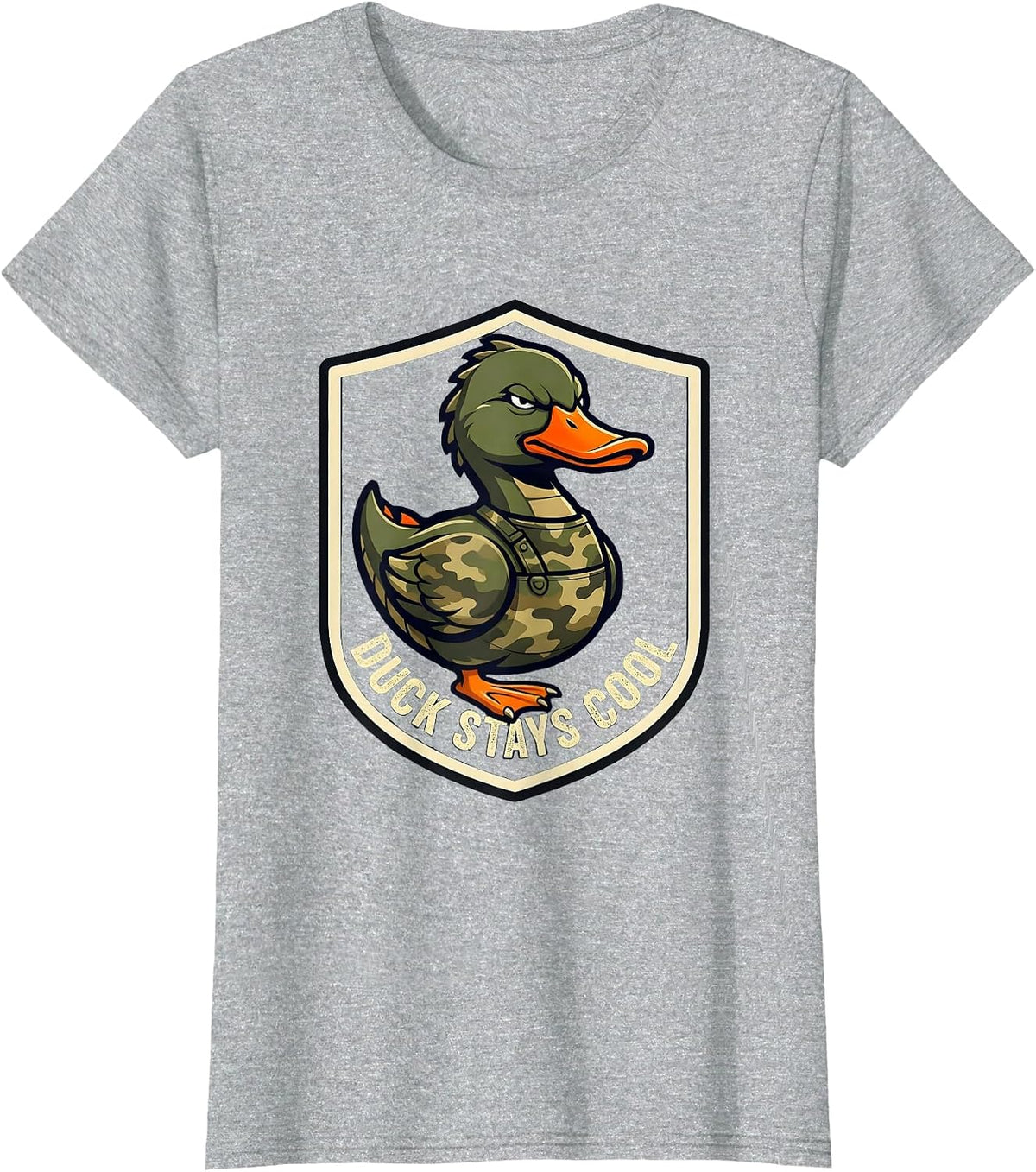 Duck Stays Cool Emblem Funny Hunting Camo Gift T-Shirt - Heather Grey