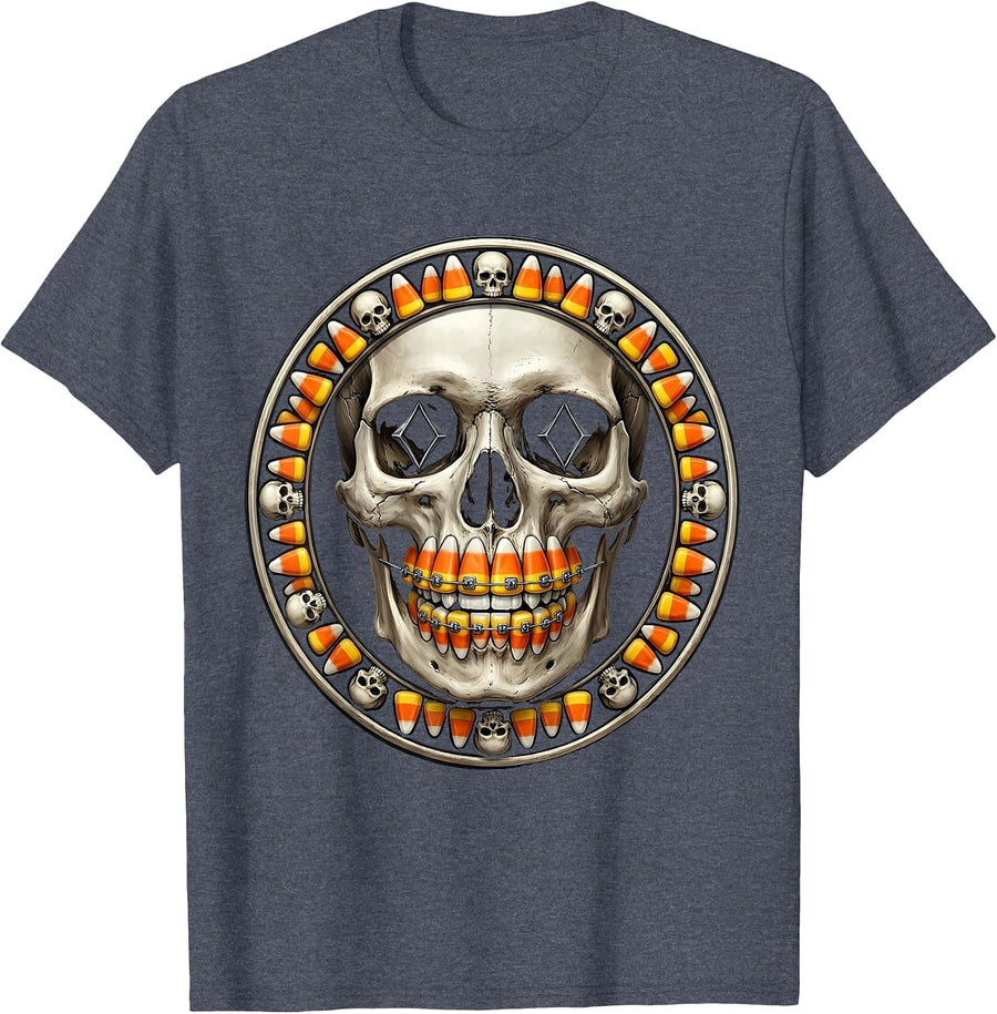 Dental Halloween Skull Braces Candy Corn Teeth T-Shirt - Heather Blue