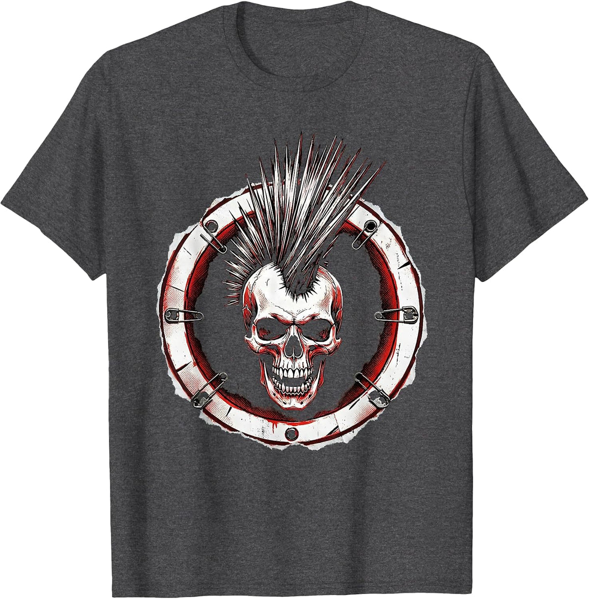 Men's Punk Rock Snarling Skull Mohawk Graphic T-Shirt - Dark Heather Grey