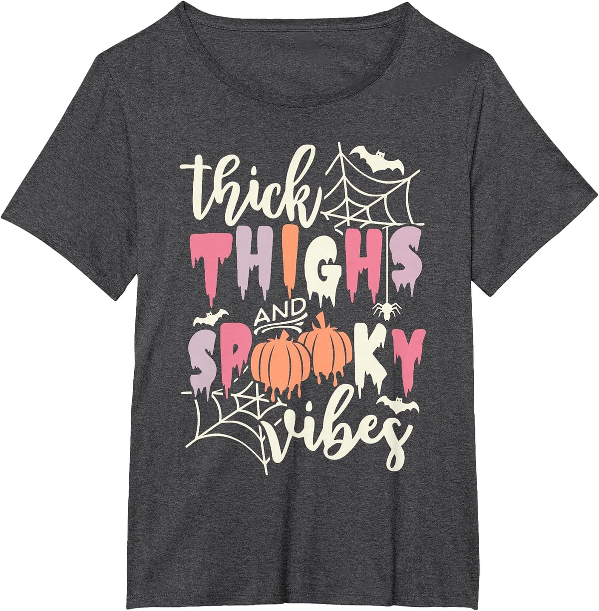 Thick Thighs and Spooky Vibes Retro Groovy Halloween Pumpkin T-Shirt - Dark Heather Grey