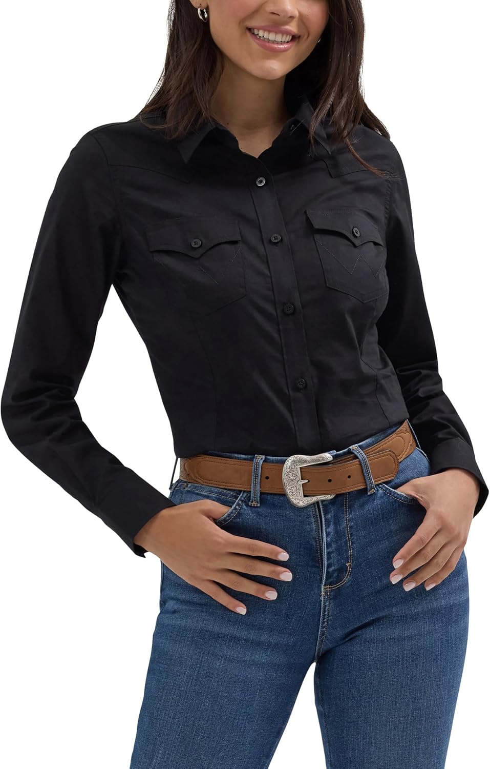 Wrangler Women's Retro Long Sleeve Cool Blue Solid Western Shirt - Black