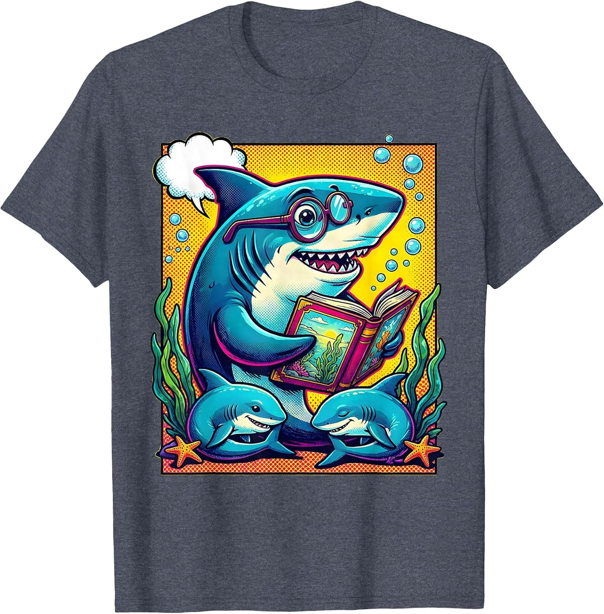 Mommy Shark Bedtime Story Underwater Scene T-Shirt - Heather Blue
