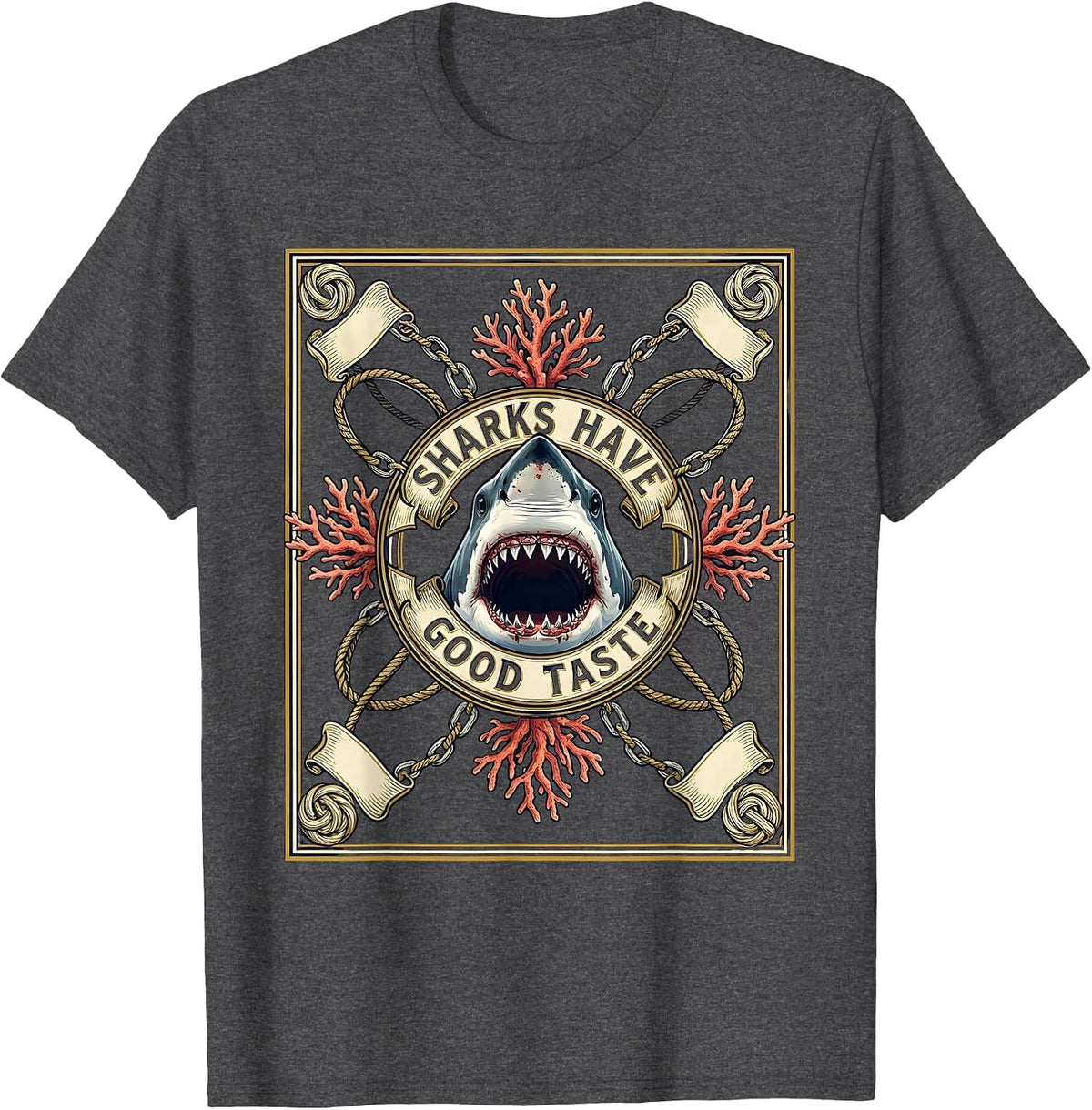 Sharks Have Good Taste Funny Shark Bite Design T-Shirt - Dark Heather Grey