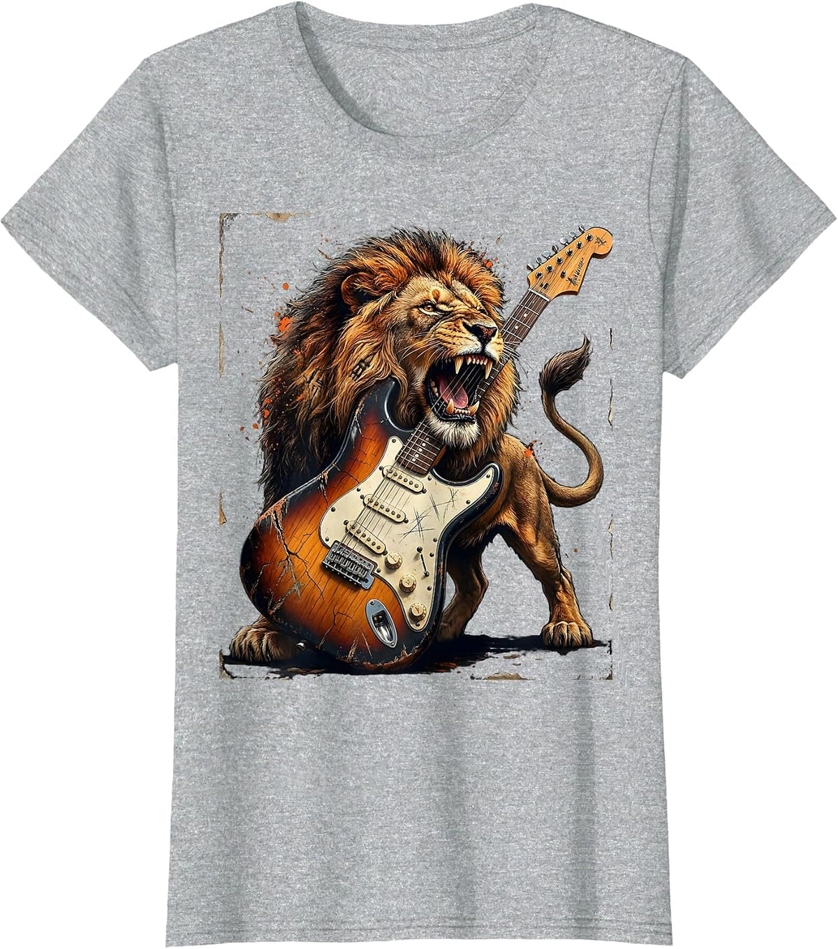 Roaring Lion Electric Guitar Rock And Roll Graphic T-Shirt - Heather Grey