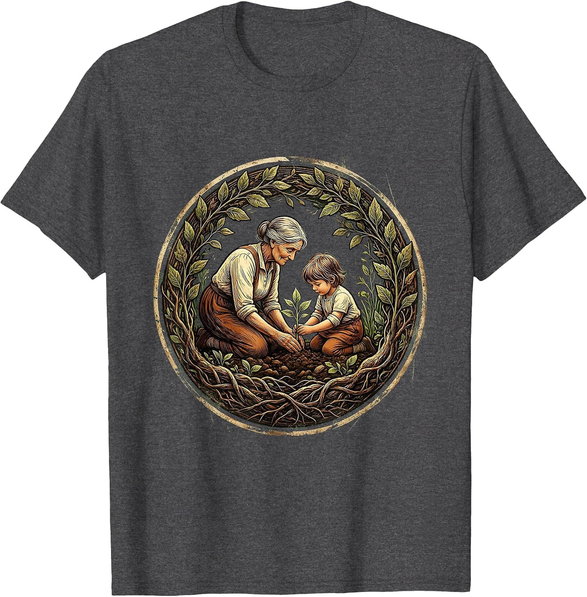 Nana Gardening With Grandchild Illustration T-Shirt - Dark Heather Grey