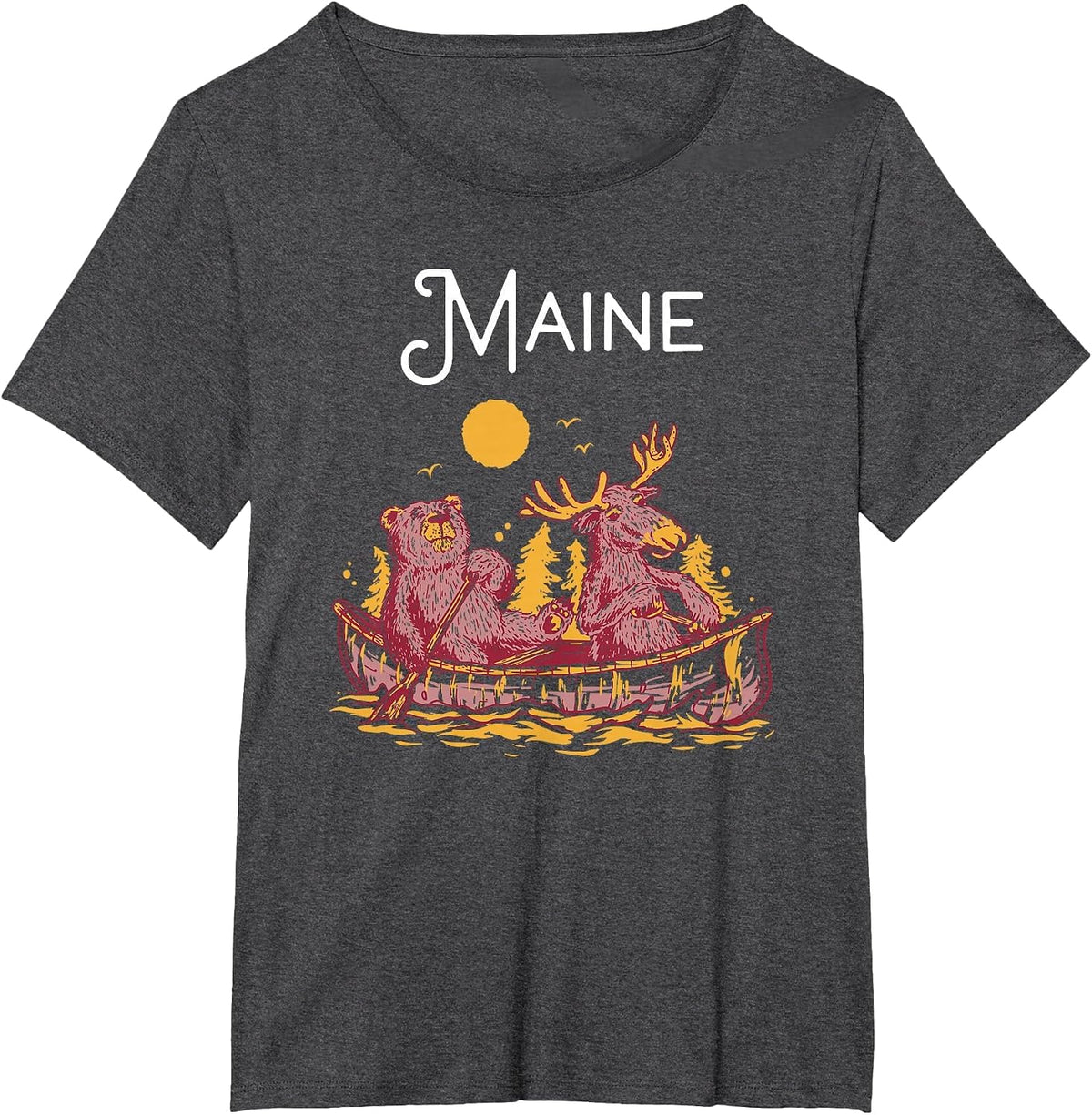 Maine Shirt Funny Canoe Moose Elk Bear Lake Canoeing T-Shirt - Dark Heather Grey