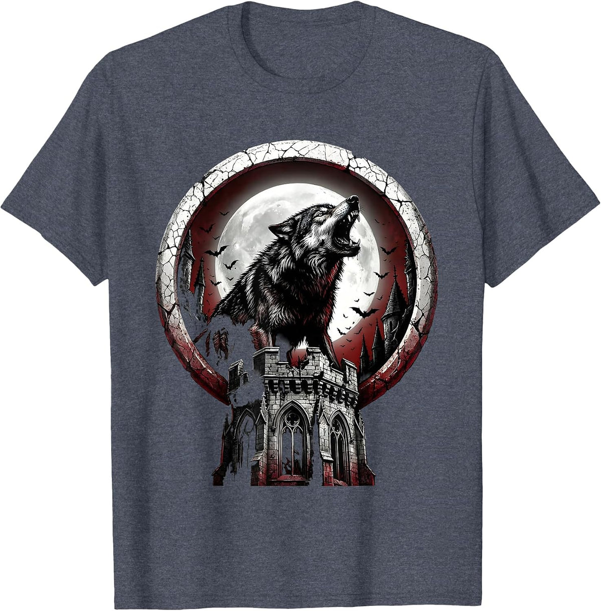 Wolf Howling Castle Heavy Metal Graphic T-Shirt - Heather Blue