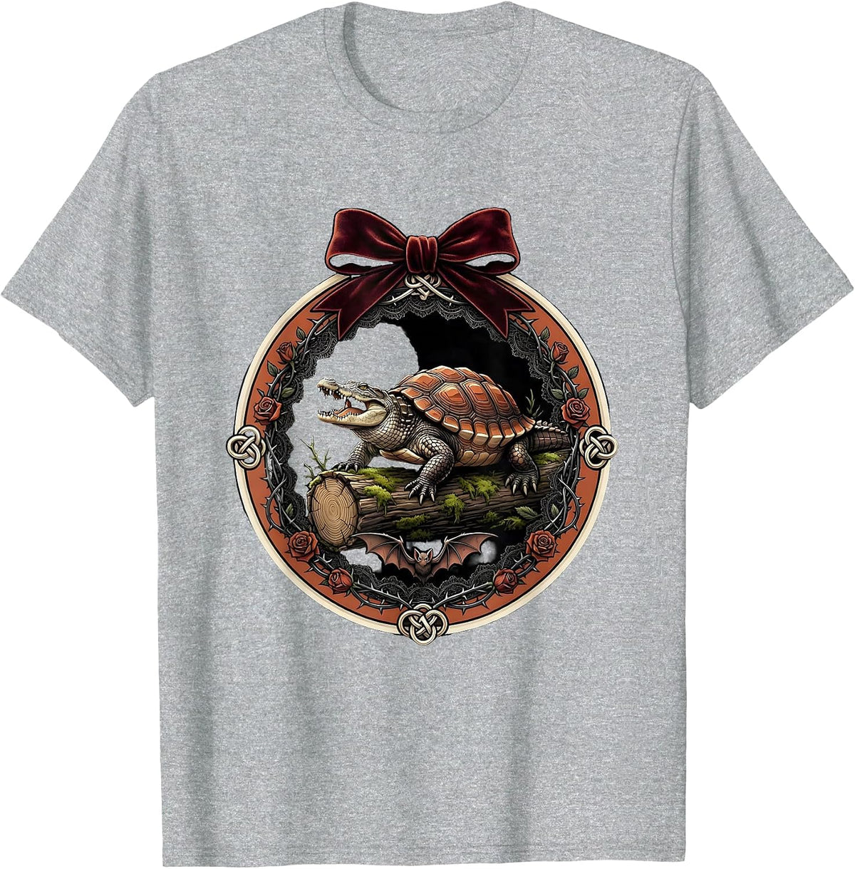Men's Alligator Snapping Turtle on Mossy Log Illustration T-Shirt - Heather Grey