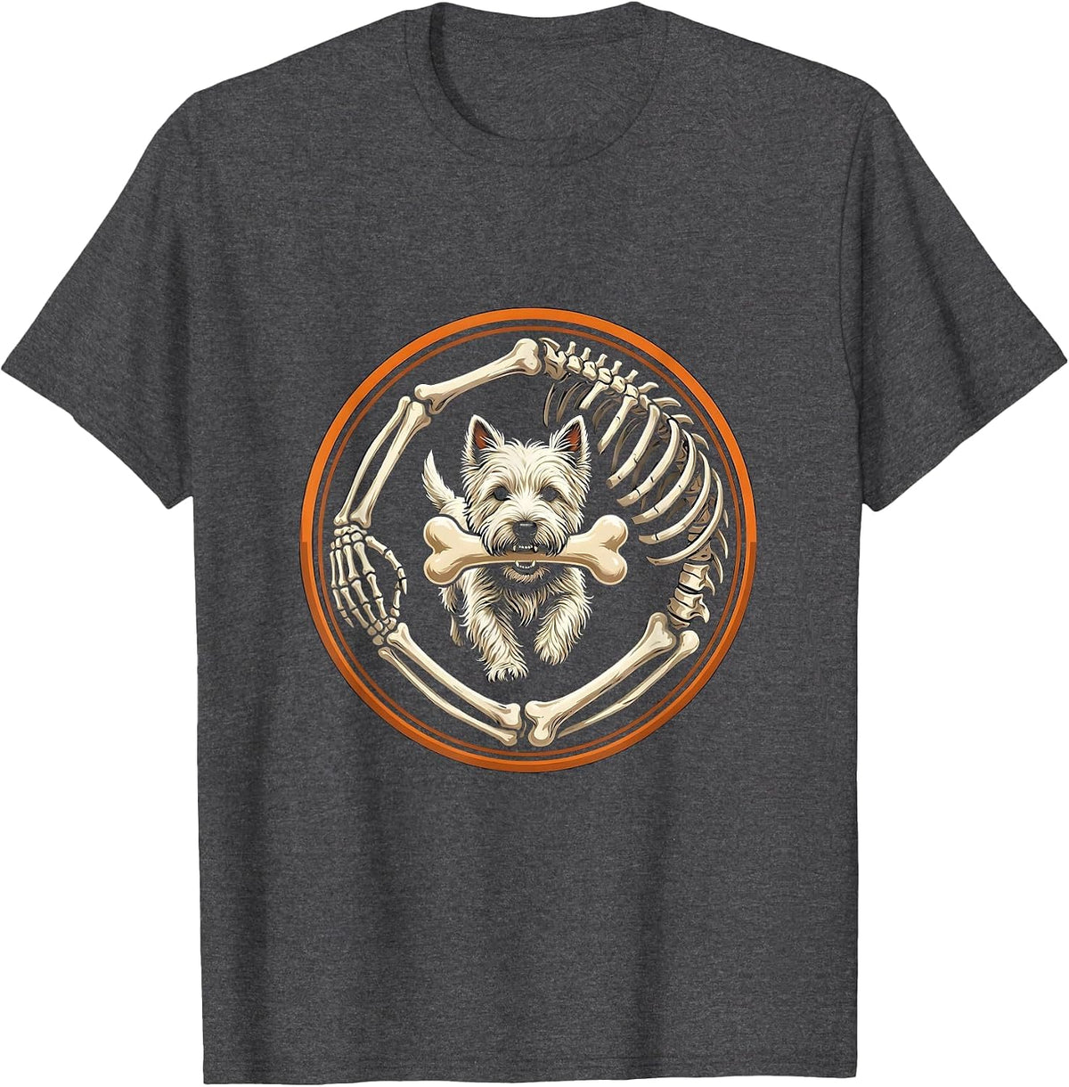 Men's Halloween Skeleton Chasing Westie Dog Breed Humor T-Shirt - Dark Heather Grey