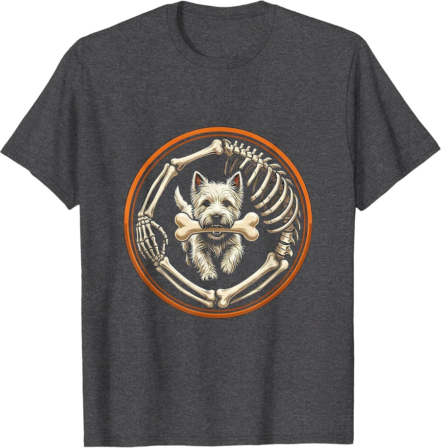 Men's Halloween Skeleton Chasing Westie Dog Breed Humor T-Shirt - Dark Heather Grey