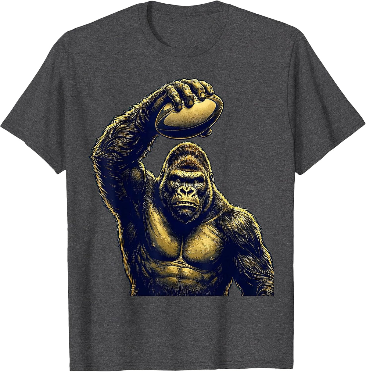 Gorilla Palming Rugby Ball Graphic Design T-Shirt - Dark Heather Grey
