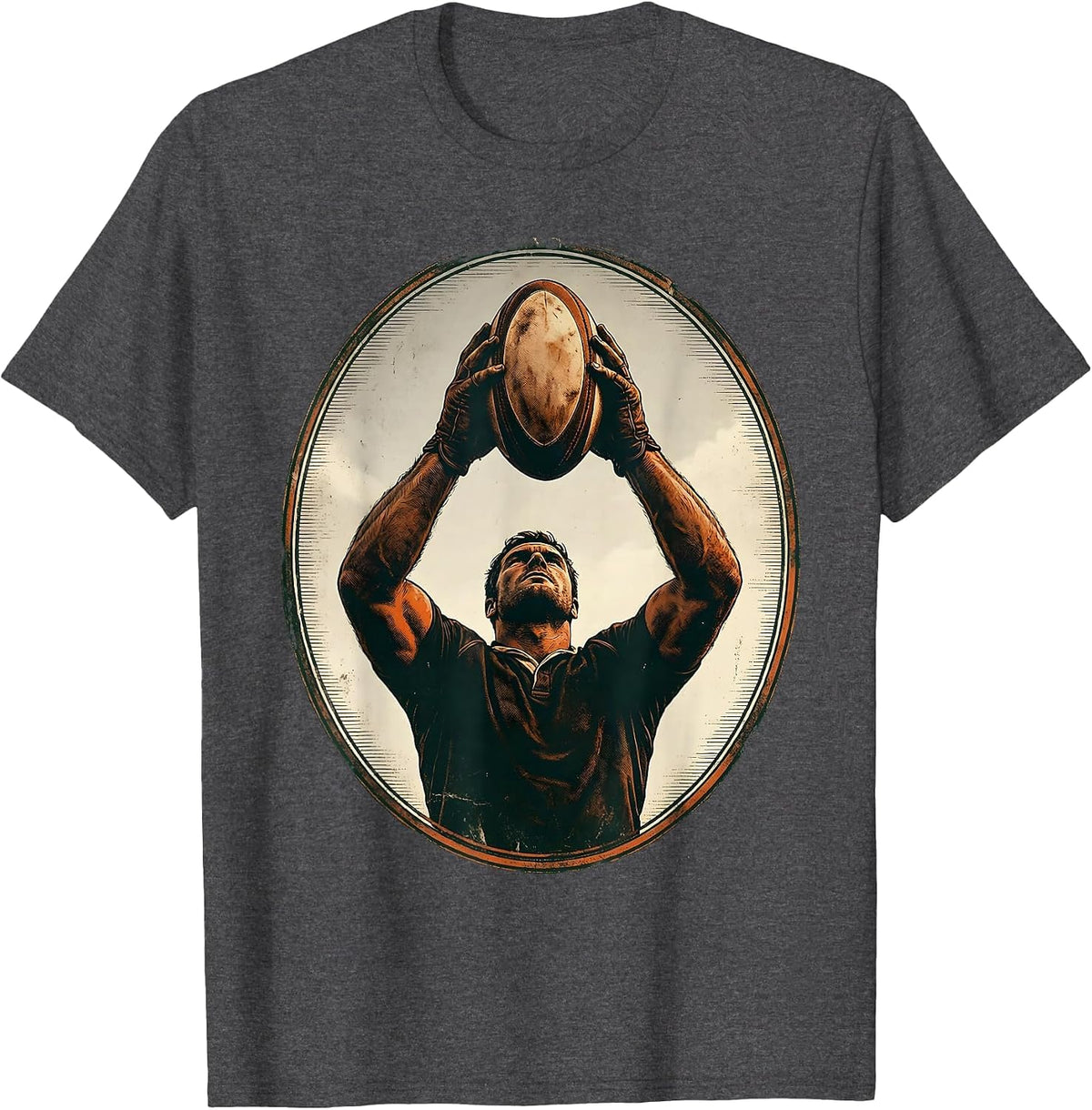 Rugby High Ball Catch Graphic Design T-Shirt - Dark Heather Grey