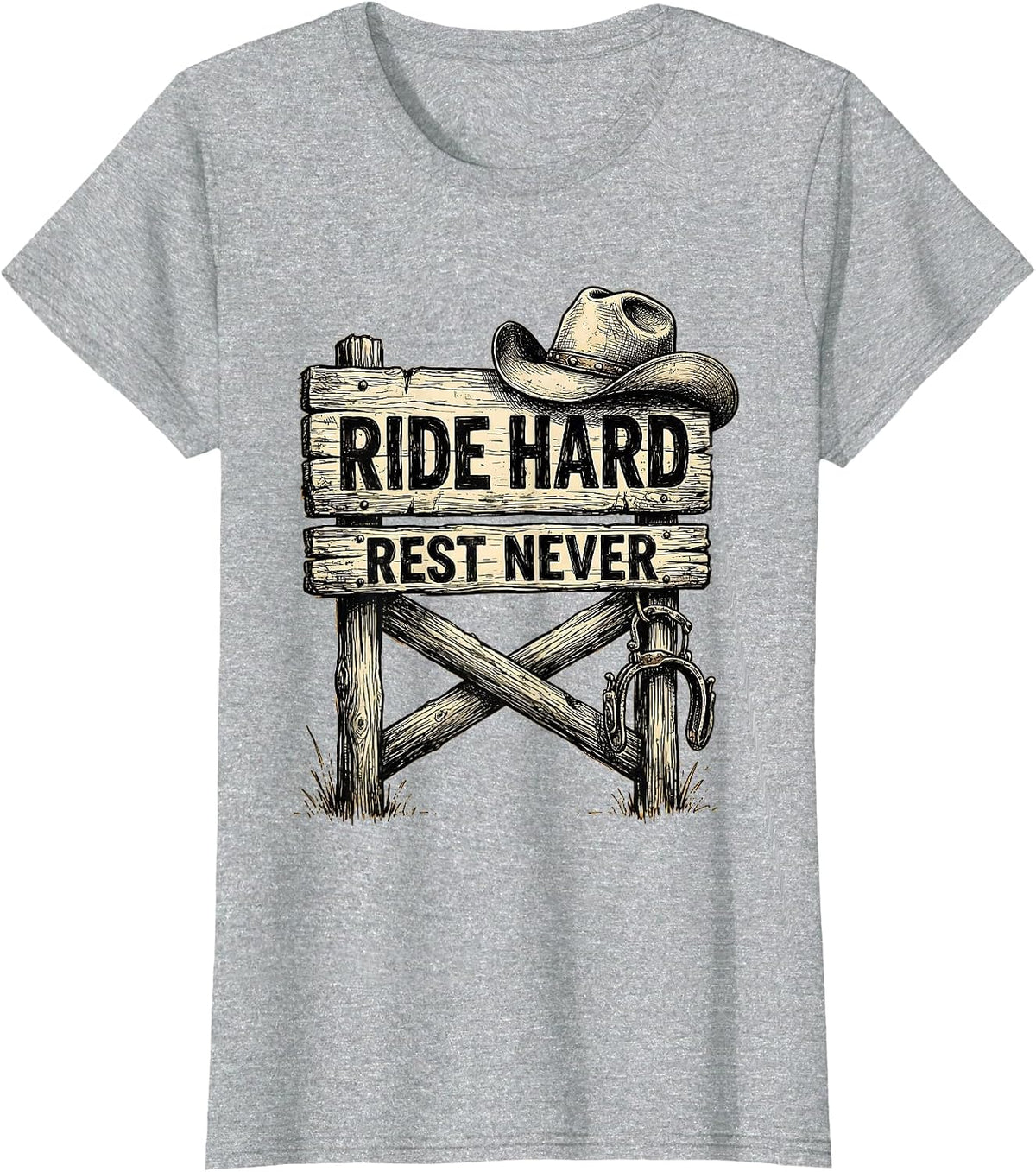 Ride Hard Rest Never Cowboy Graphic Design T-Shirt - Heather Grey
