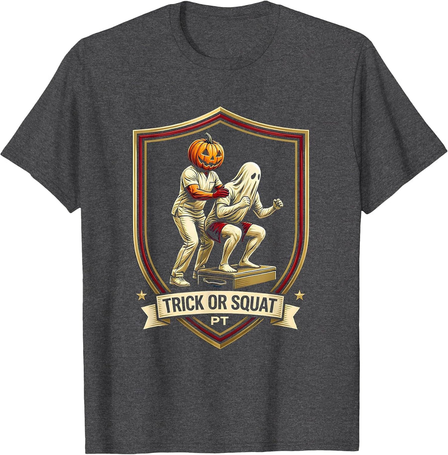 Men's Trick Or Squat PT Halloween Physical Therapy Therapist Humor T-Shirt - Dark Heather Grey