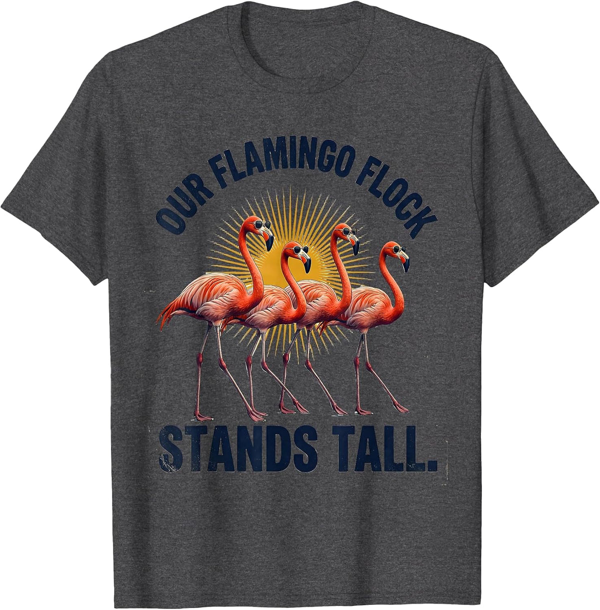 Our Flamingo Flock Stands Tall Vintage Flamingo Matching T-Shirt - Dark Heather Grey