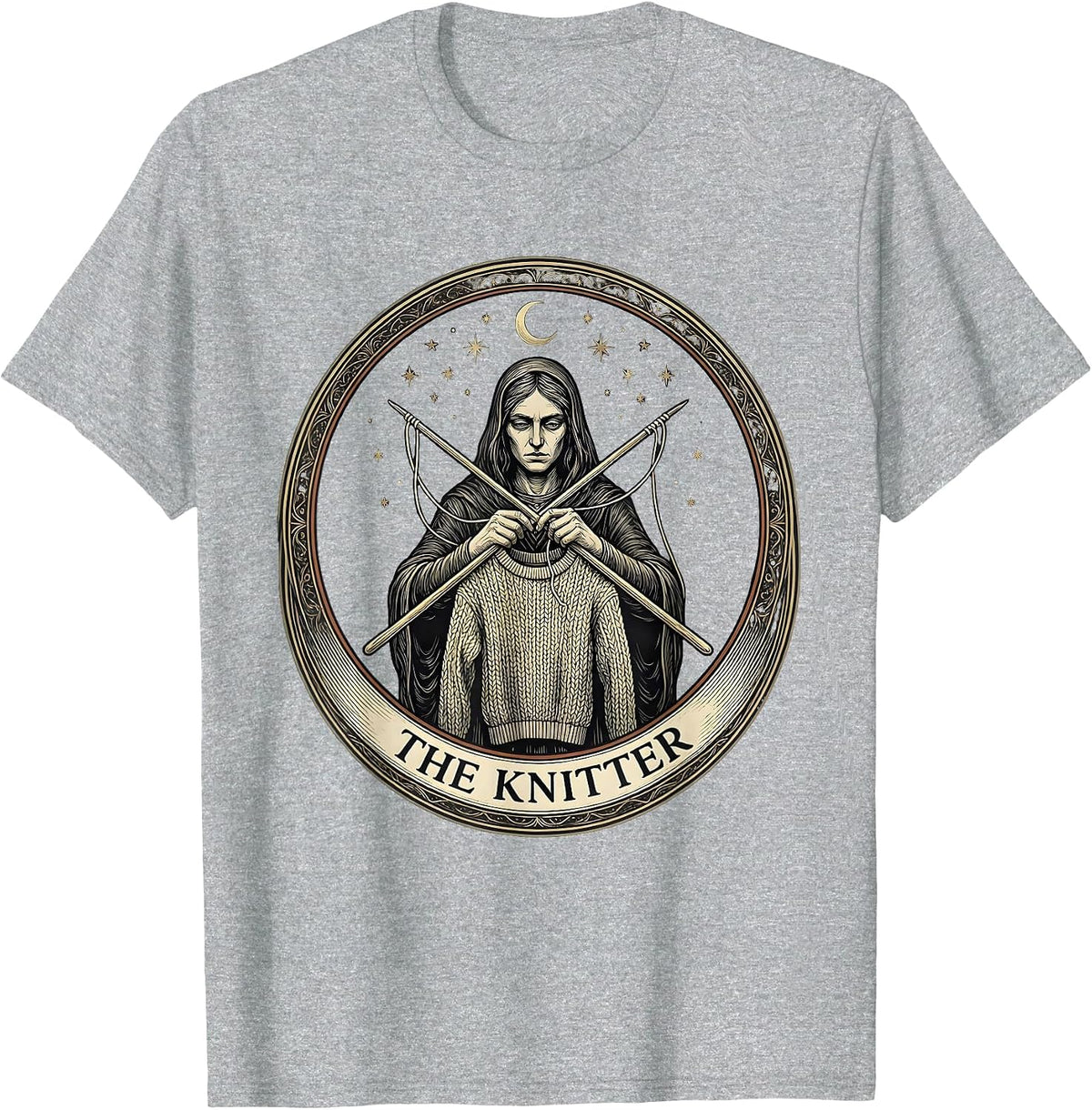 Men's THE KNITTER Emblem Funny Tarot Card Knitting Hobby Humor T-Shirt - Heather Grey