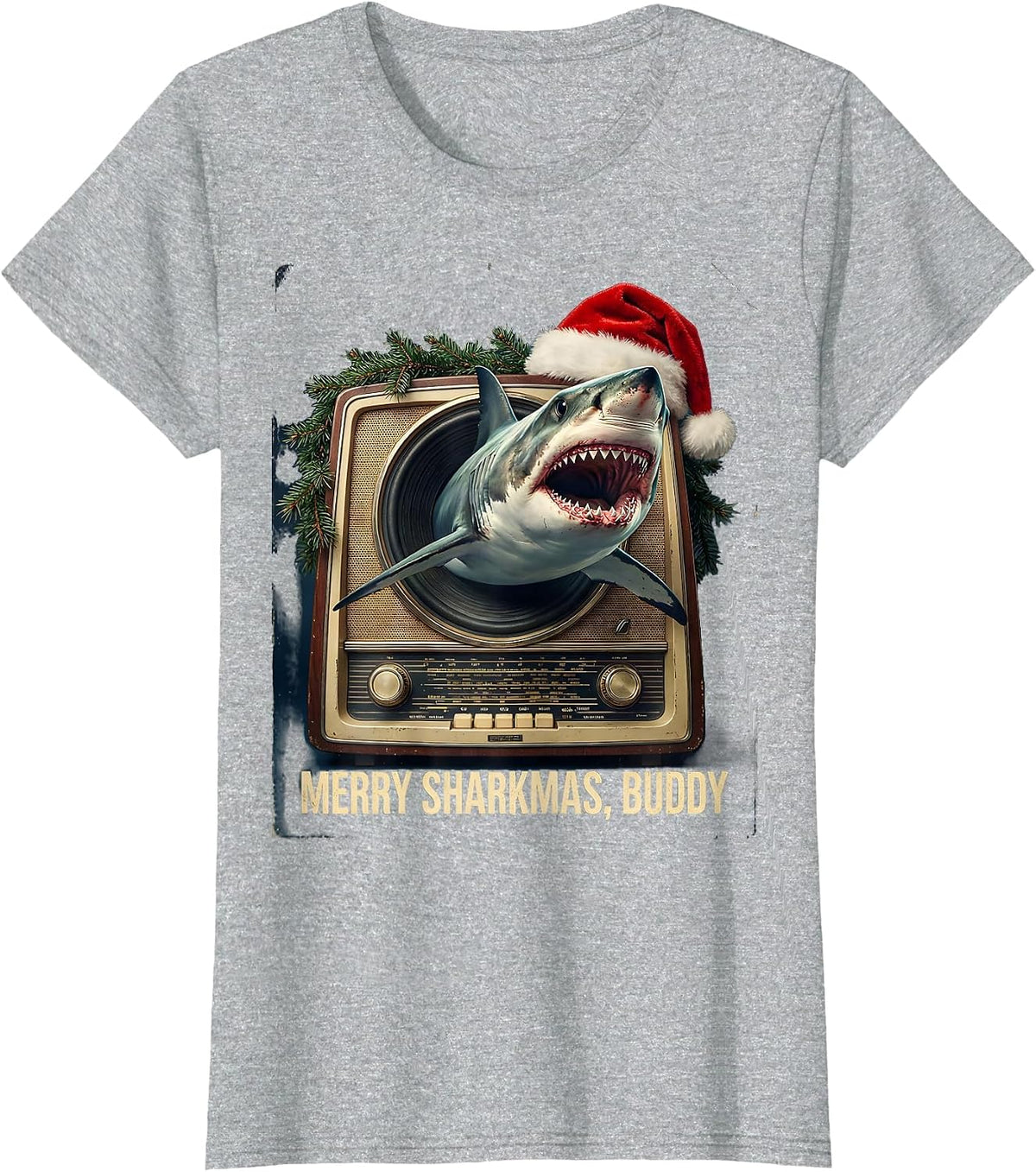 Merry Sharkmas, Buddy Vintage Shark Christmas Pun Humor T-Shirt - Heather Grey