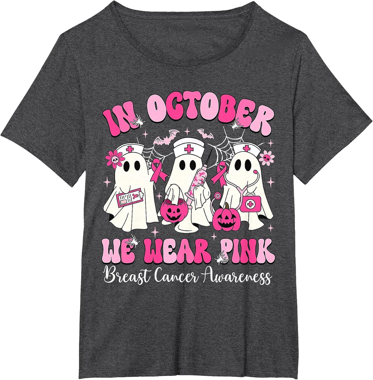 in October We Wear Pink Nurse Ghost Halloween Breast Cancer T-Shirt - Dark Heather Grey