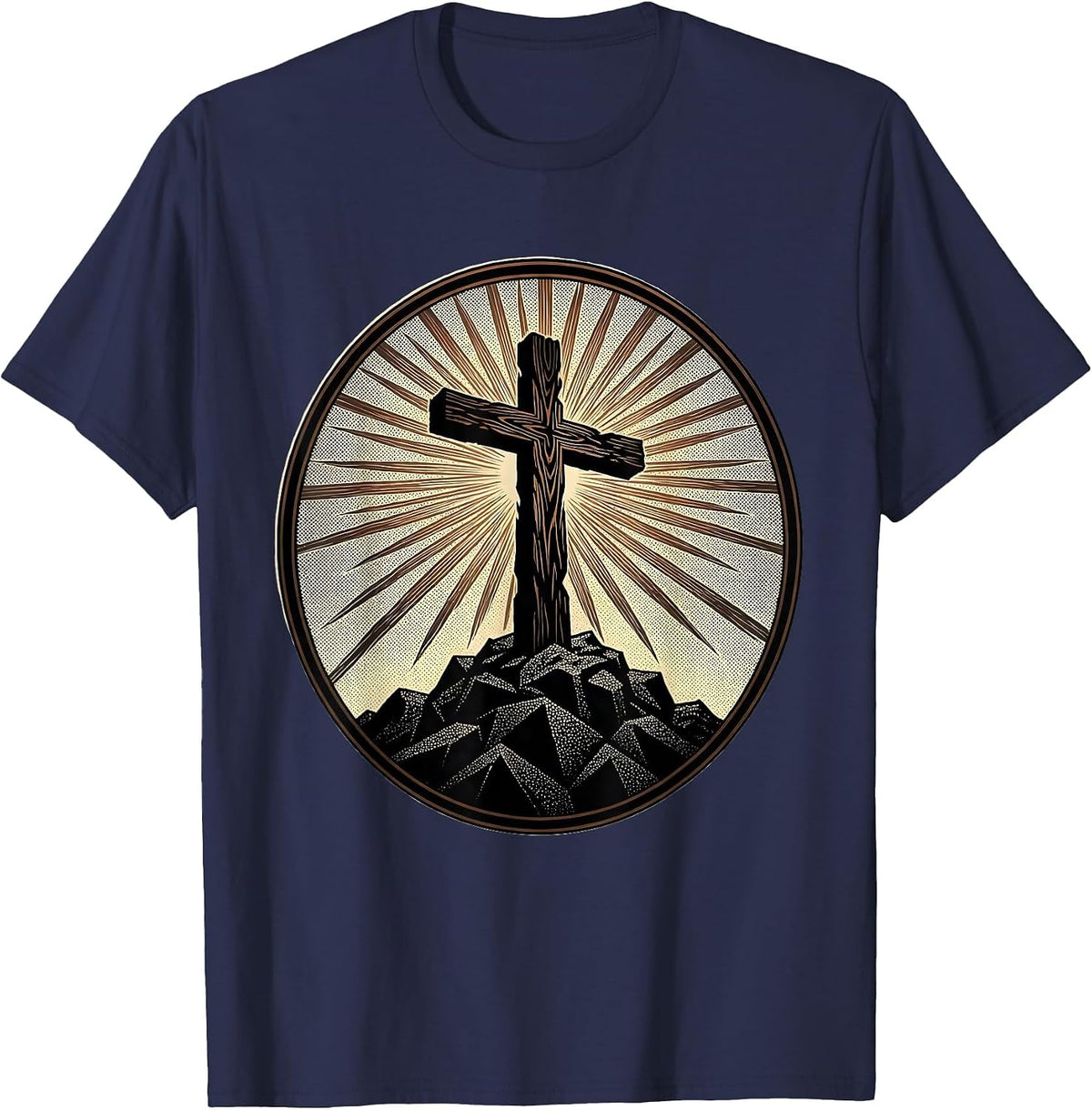 Wooden Cross on Rocky Hilltop Sunset Design T-Shirt - Navy Blue