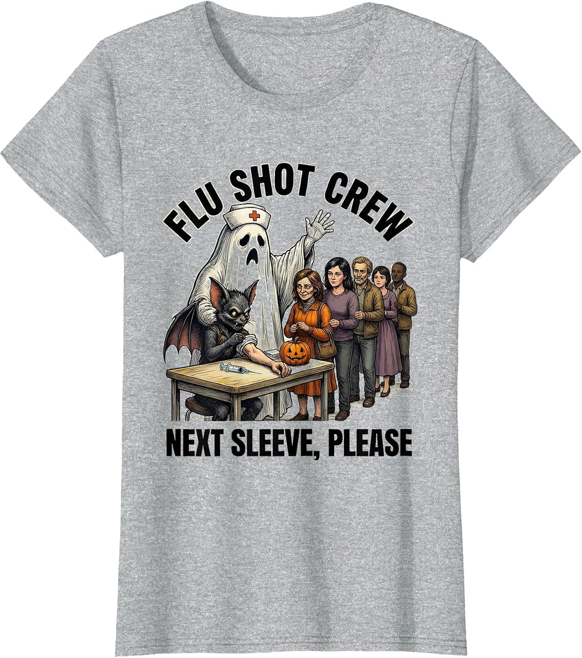 Flu Shot Crew Next Sleeve Please Funny Nurse Ghost Halloween T-Shirt - Heather Grey