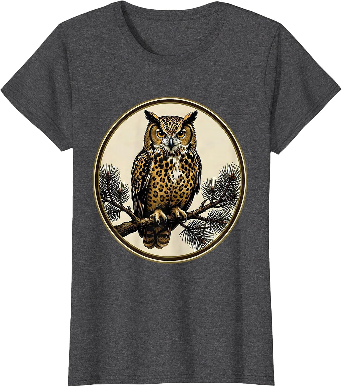 Women's Camo Owl Perched on Pine Branch Design T-Shirt - Dark Heather Grey