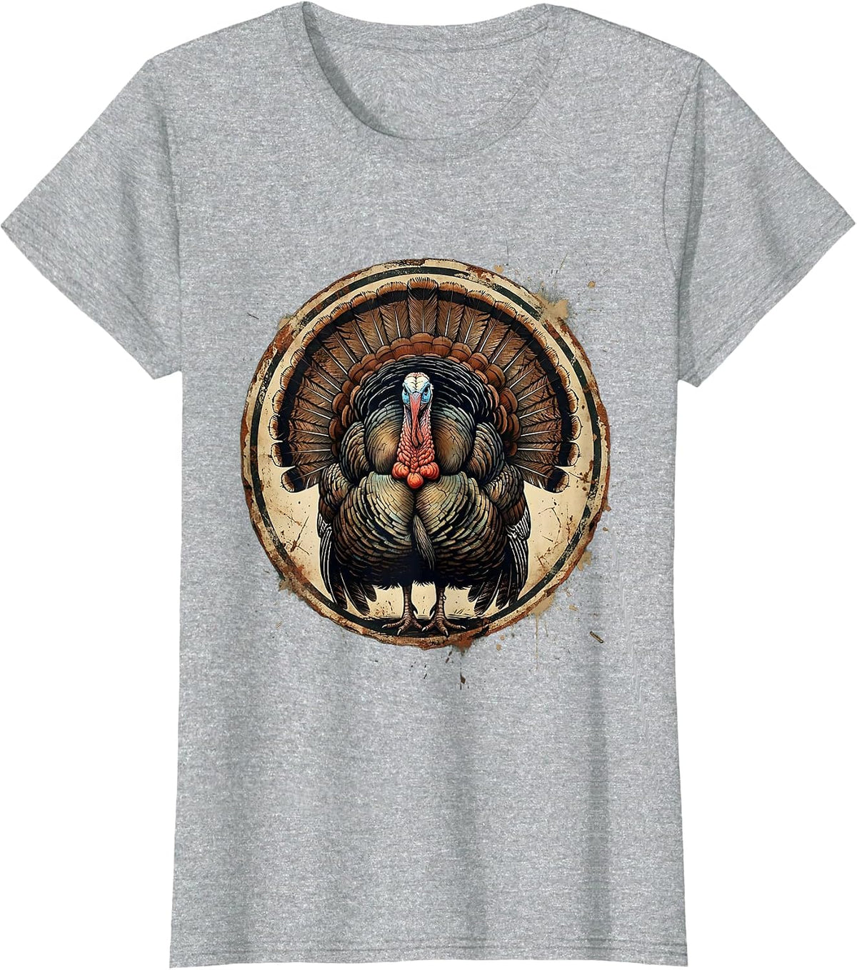 Women's Turkey Fan Spread Full Strut Hunting Illustration T-Shirt - Heather Grey