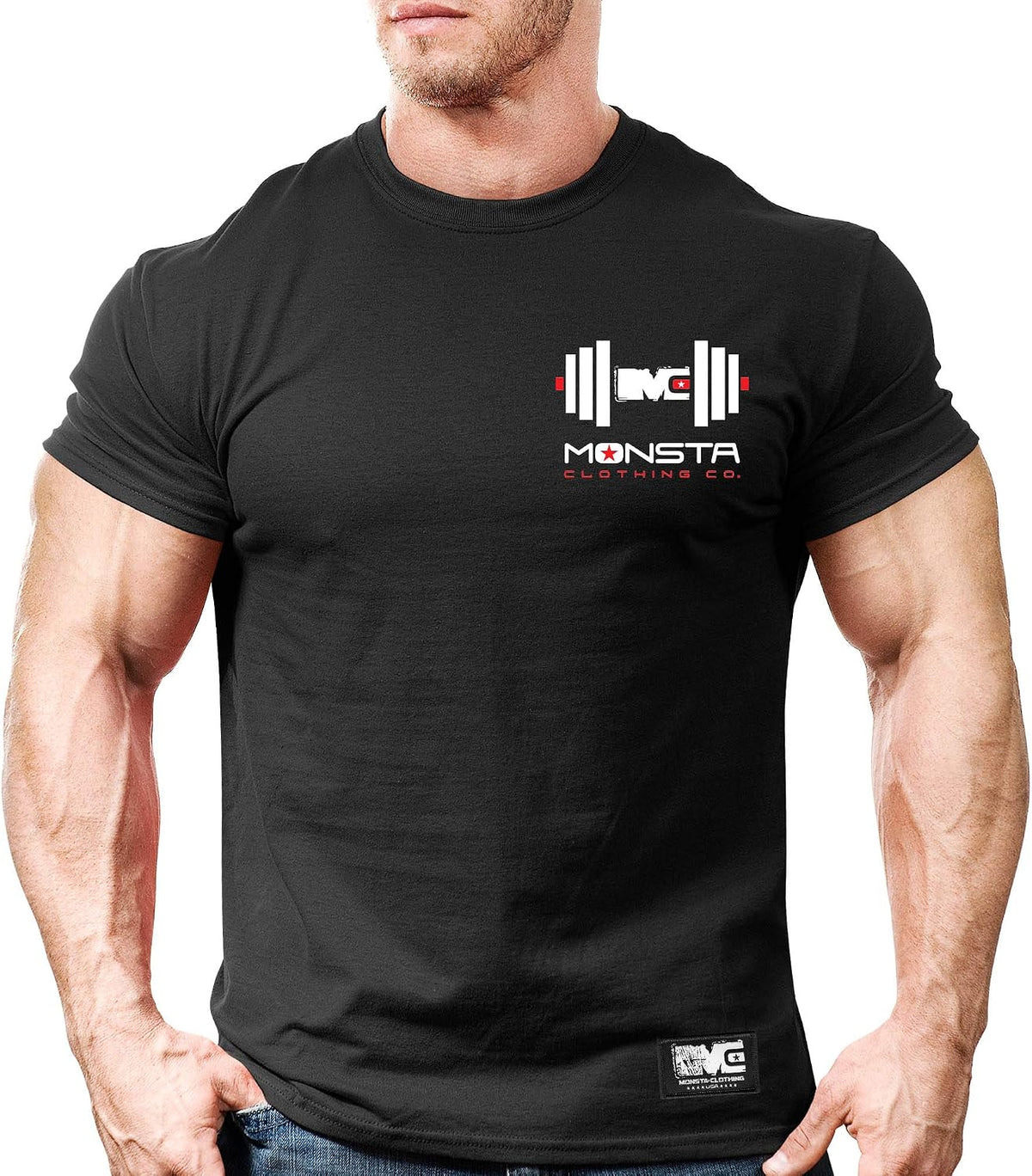 Monsta Clothing Co. Men's Workout (CSS:MC-Dumbbell-L) Gym T-Shirt (A:WT/RD) - Black