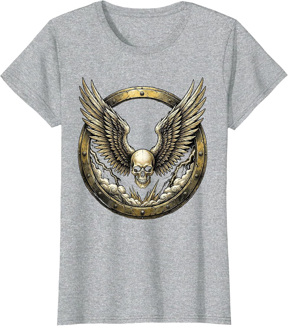 Winged Skull Storm Clouds Heavy Metal Graphic T-Shirt - Heather Grey