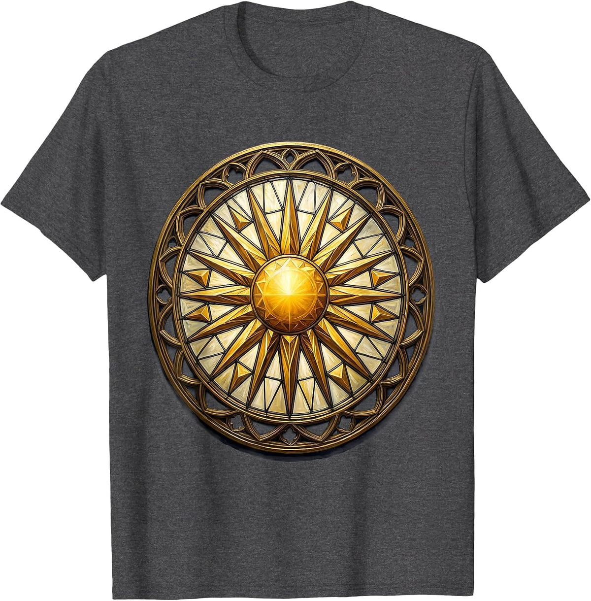 Stained Glass Geometric Sun Religious Design T-Shirt - Dark Heather Grey