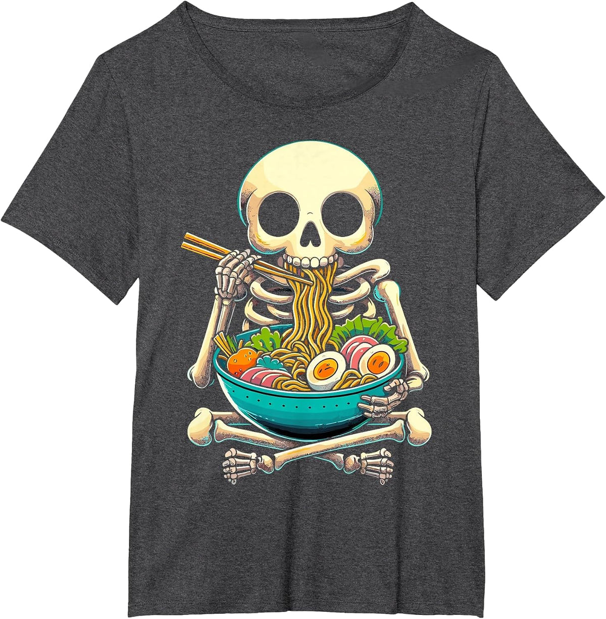 Halloween Skeleton Eating Ramen Noodles T-Shirt - Dark Heather Grey