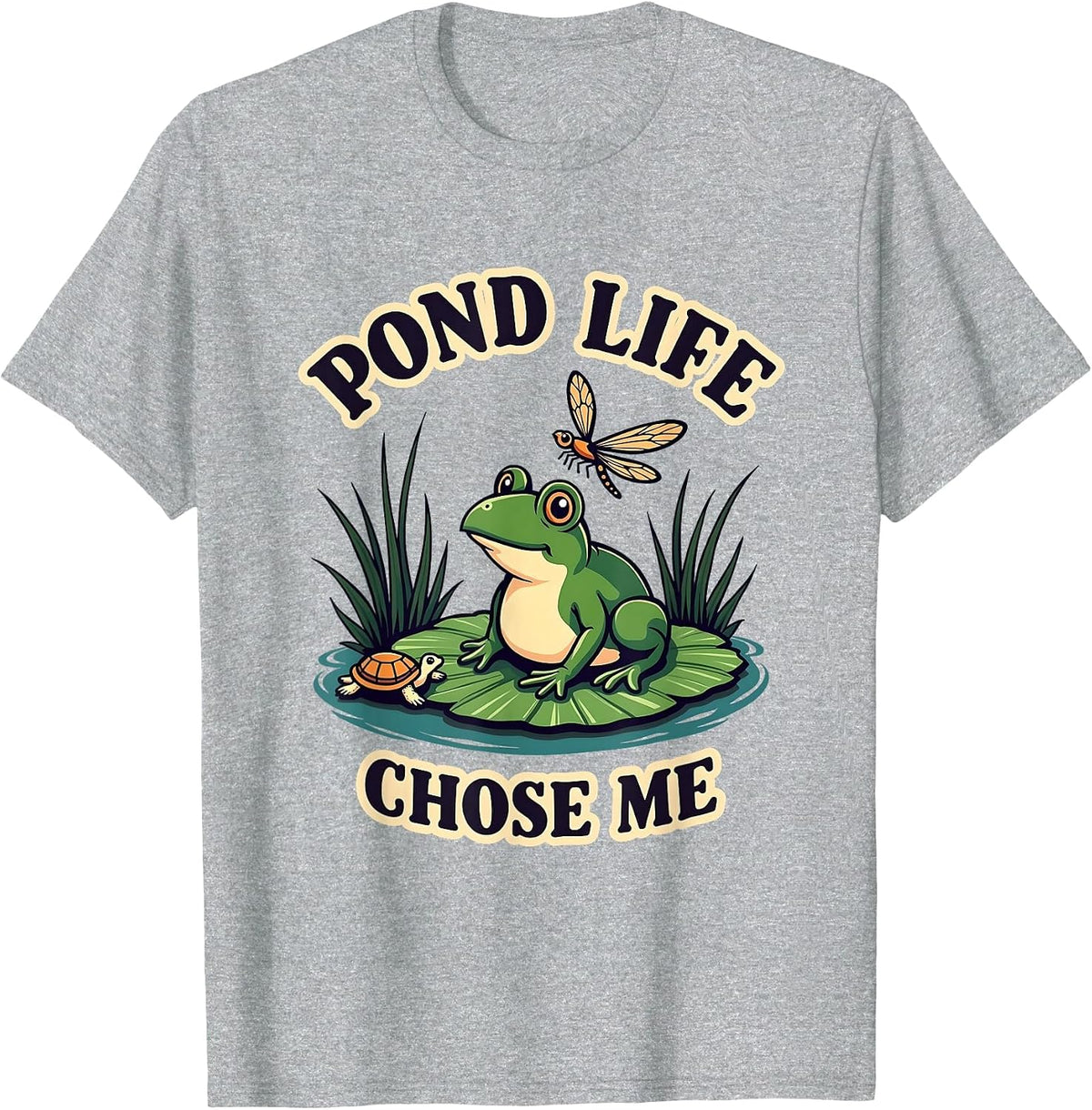 Pond Life Chose Me Frog Dragonfly Turtle Design T-Shirt - Heather Grey