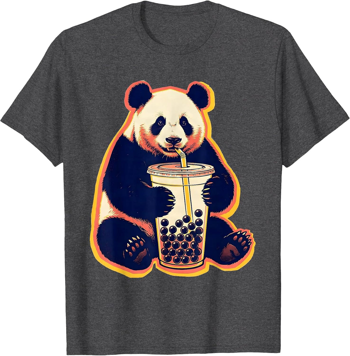 Rounded Panda Hugging Bubble Tea Kawaii Anime Girl T-Shirt - Dark Heather Grey