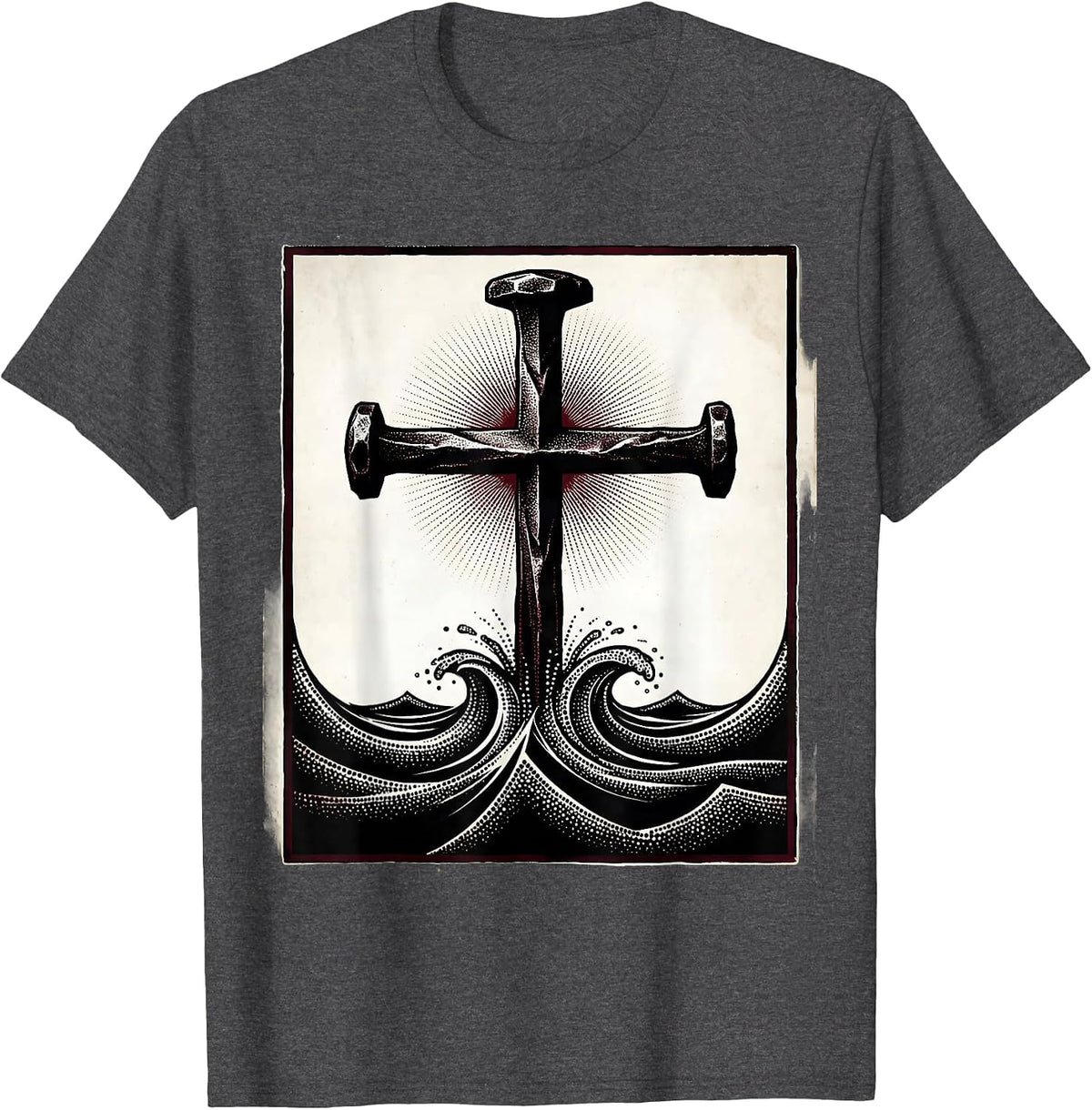 Men's Three Nails Rising Water Christian Cross Design T-Shirt - Dark Heather Grey