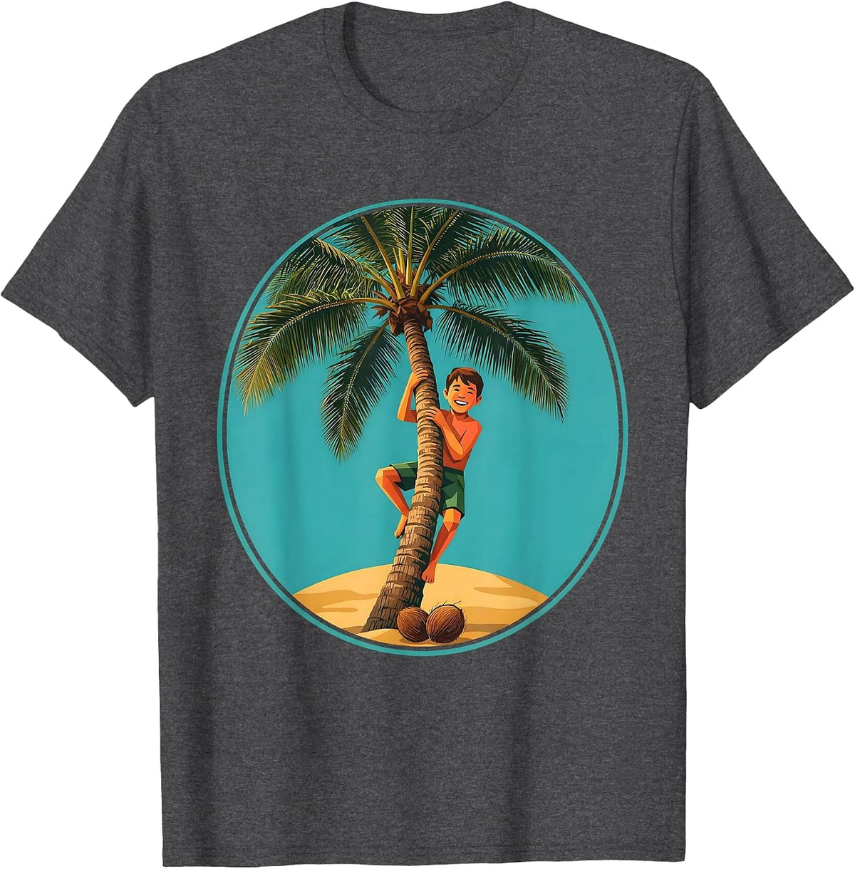 Hawaiian Boy Climbing Palm Tree Graphic T-Shirt - Dark Heather Grey