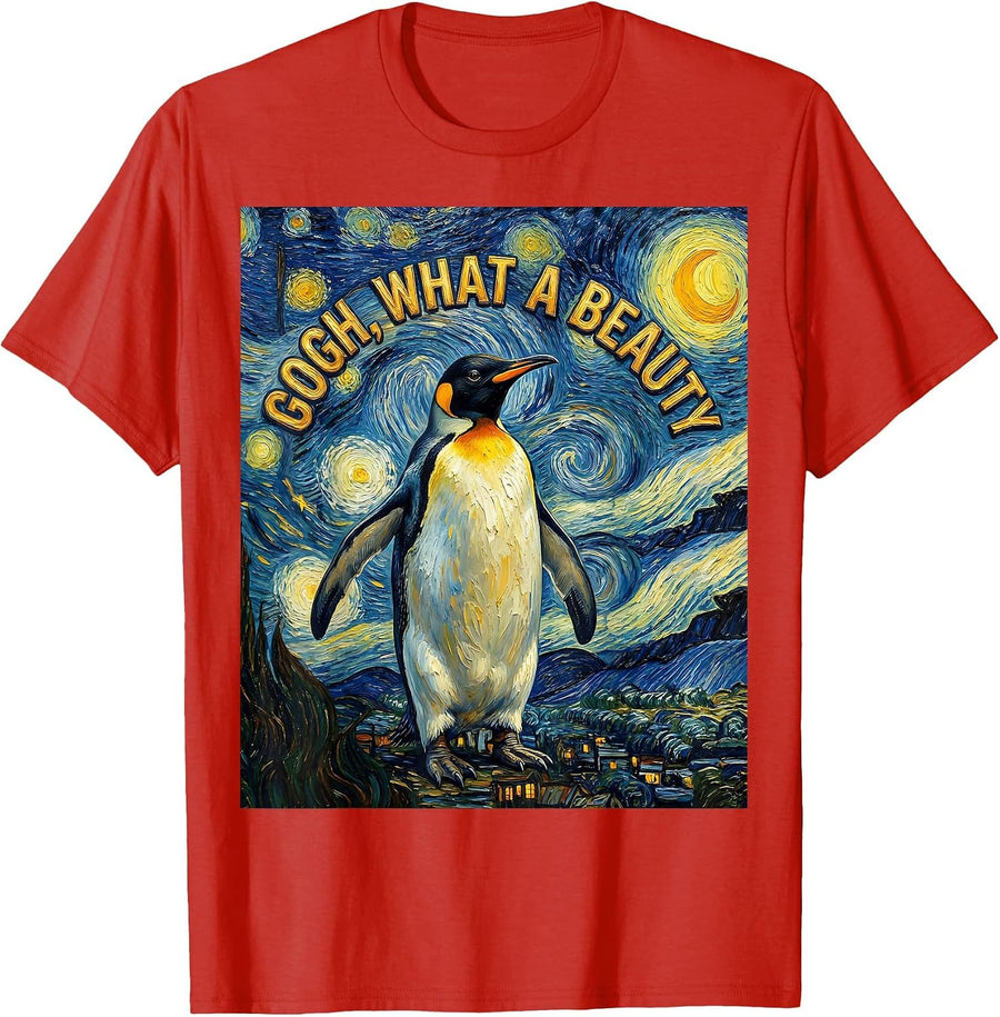 Men's Gogh What A Beauty Funny Van Gogh Starry Night Penguin Art T-Shirt - Red